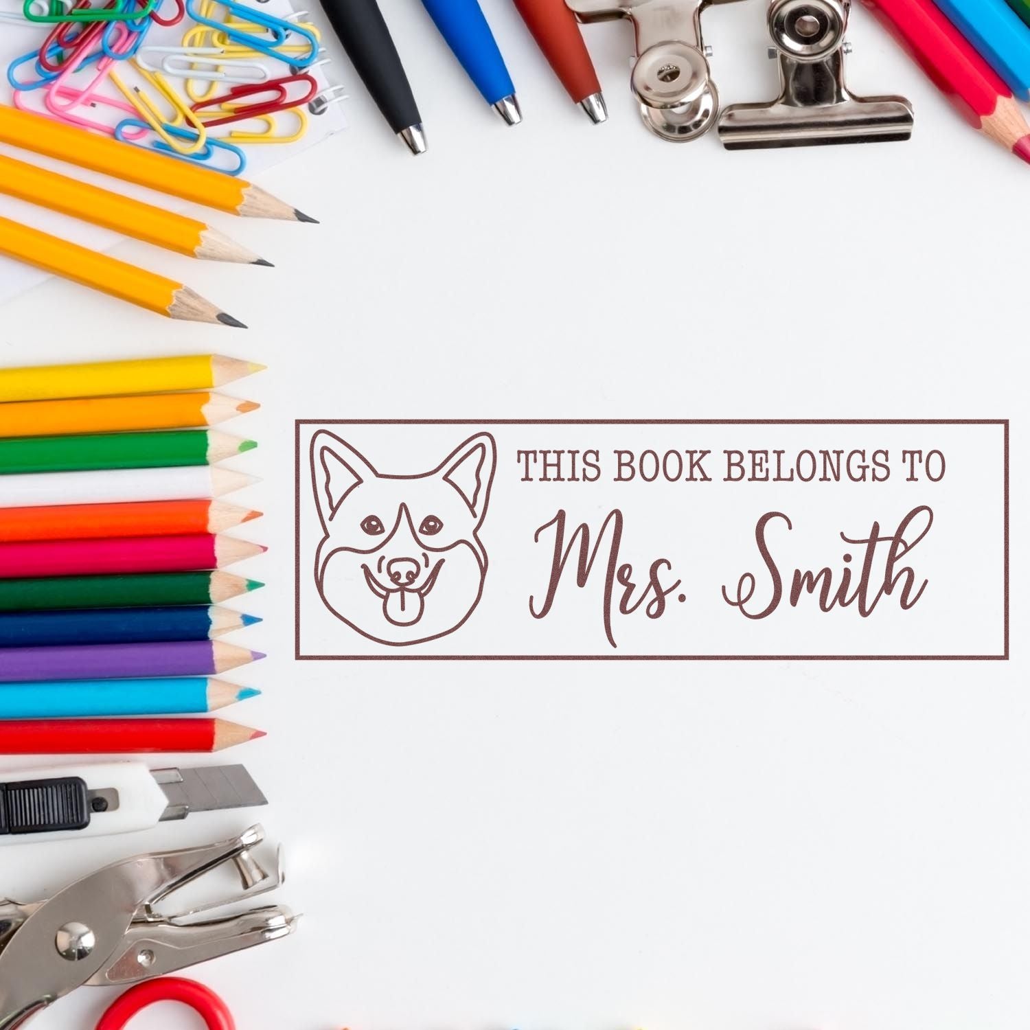 PSI Pre-Inked Corgi Dog Outline Personalized Personal Book Stamp - Engineer Seal Stamps