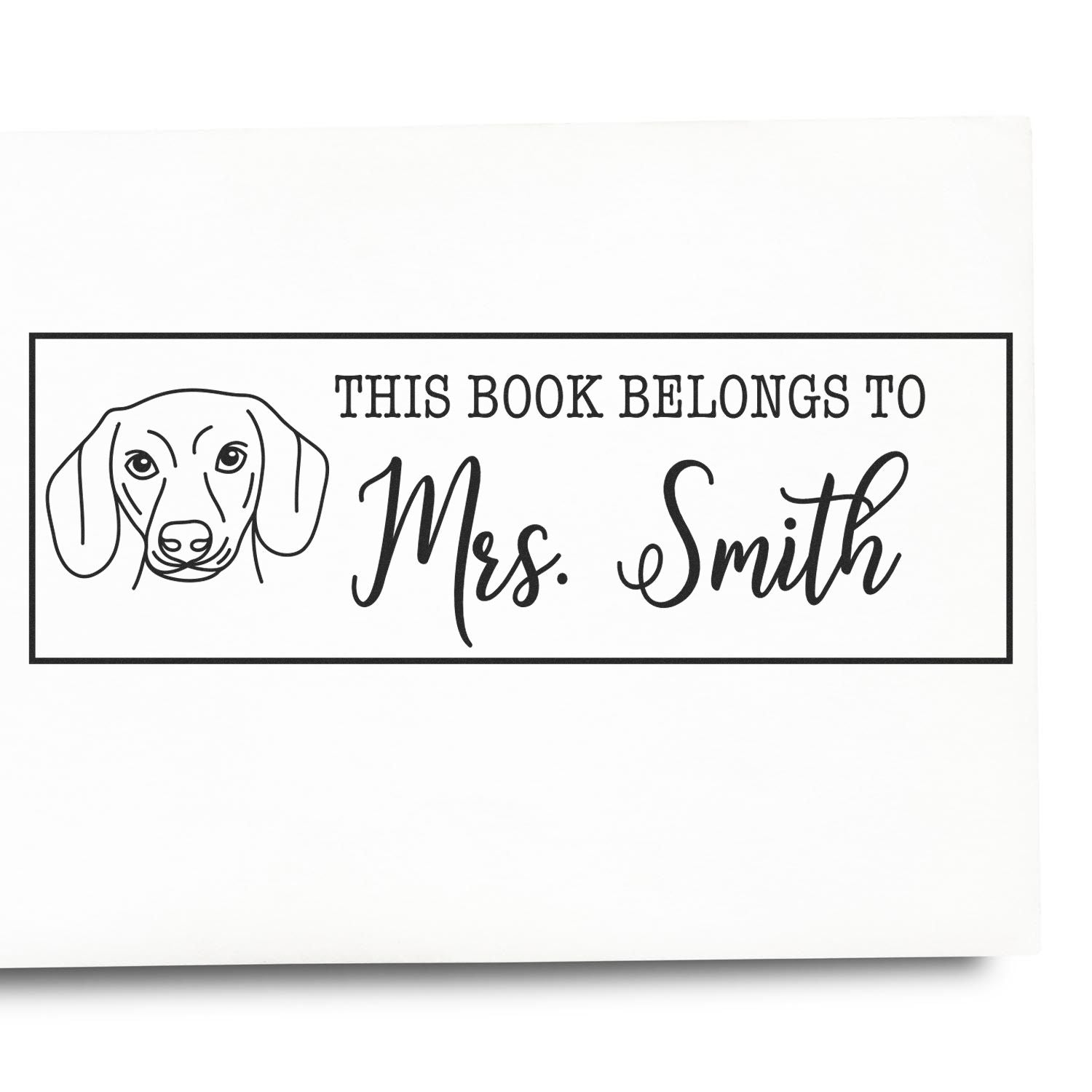 ESS Wood Handle Dachshund Rubber Stamp in use, personalized dog stamp featuring a cute dachshund design for books or crafts.