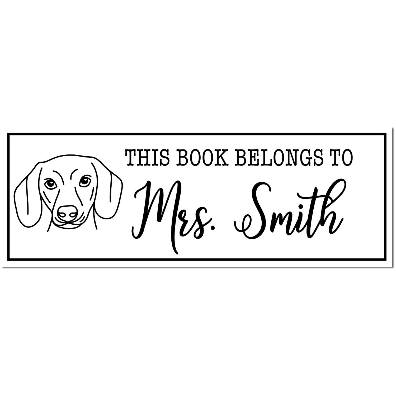 Black rubber dog stamp featuring a dachshund with a personalized "Belongs To" text, designed for custom book marking by ESS.