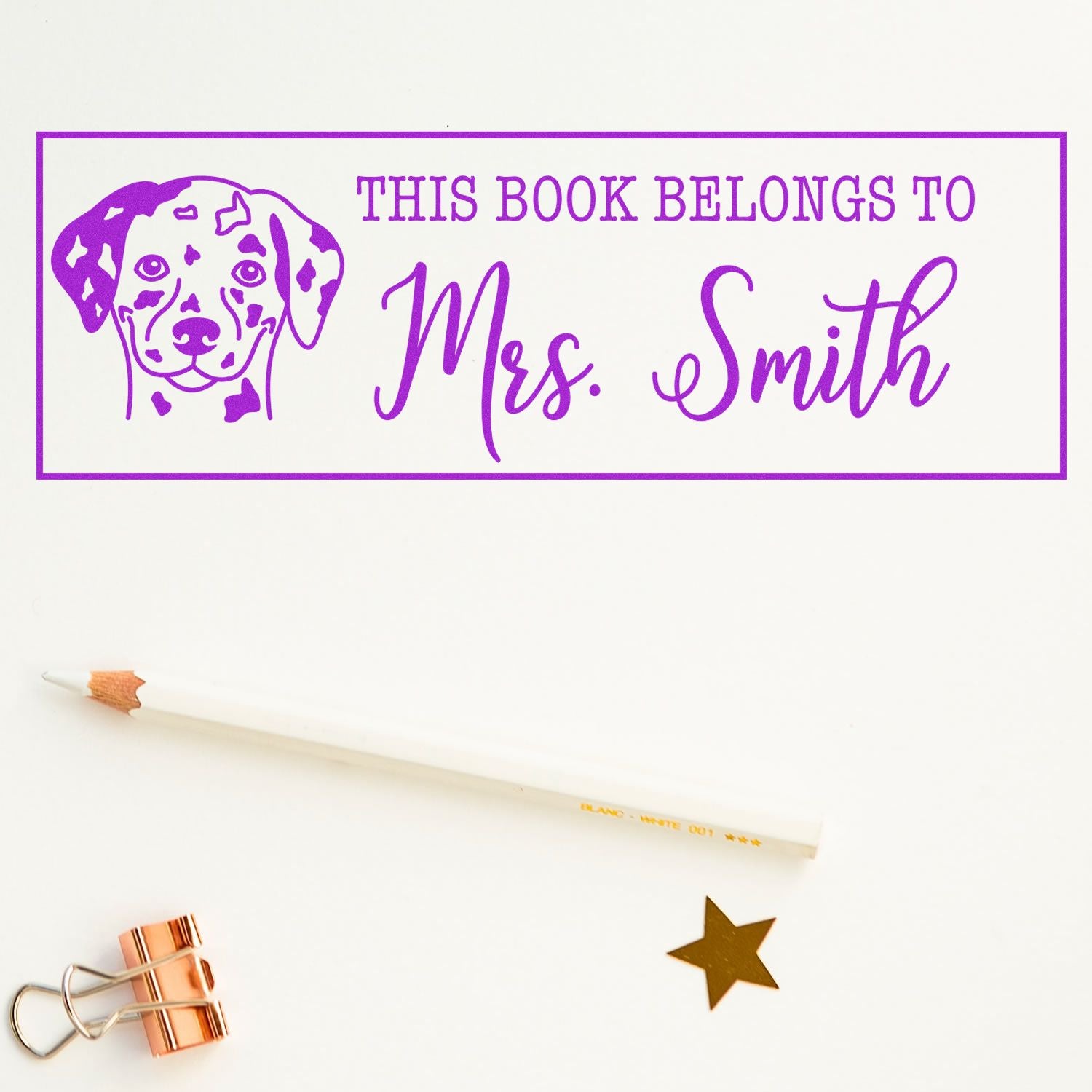 Purple custom bookplate stamp and seal with Dalmatian portrait and This Book Belongs to Mrs. Smith on white.