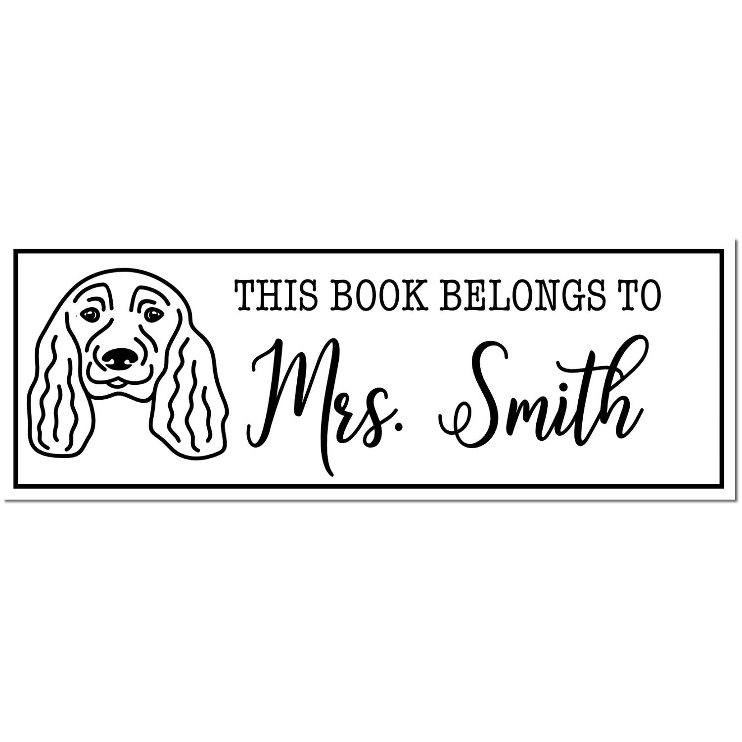 Black-and-white book stamp with dog illustration and text, This Book Belongs to Mrs. Smith, in a bordered seal.