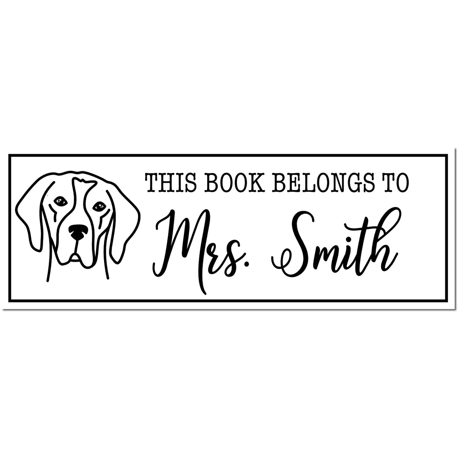 Black-and-white book stamp with dog outline, This Book Belongs to Mrs. Smith text, and a bold rectangular border.