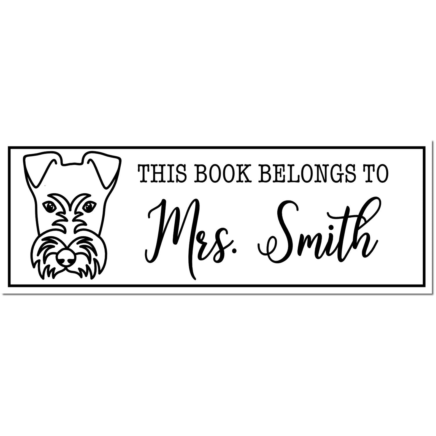 Black-and-white custom book stamp with dog illustration and text This Book Belongs to Mrs. Smith.