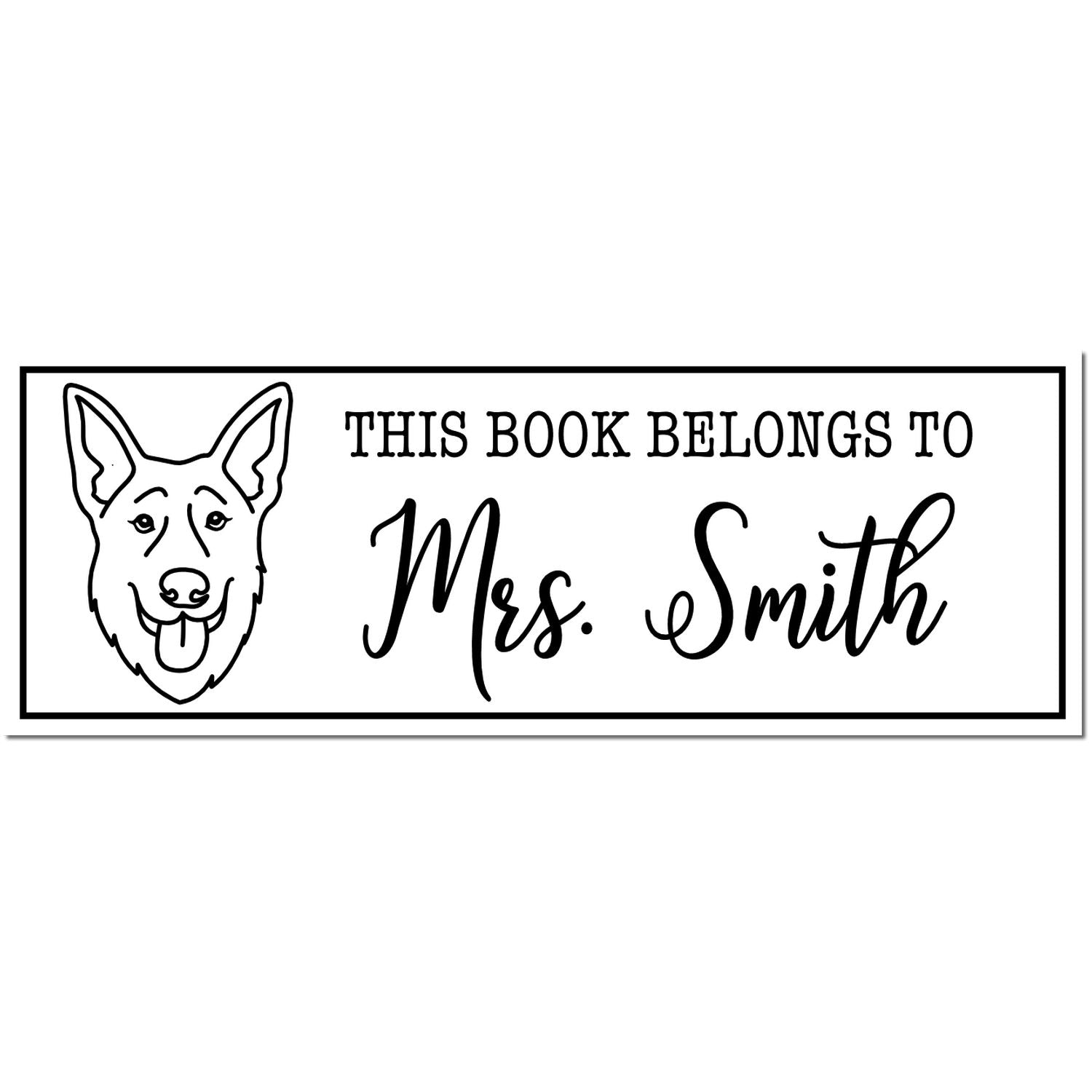 Black custom book stamp with dog illustration and This Book Belongs to Mrs. Smith text.