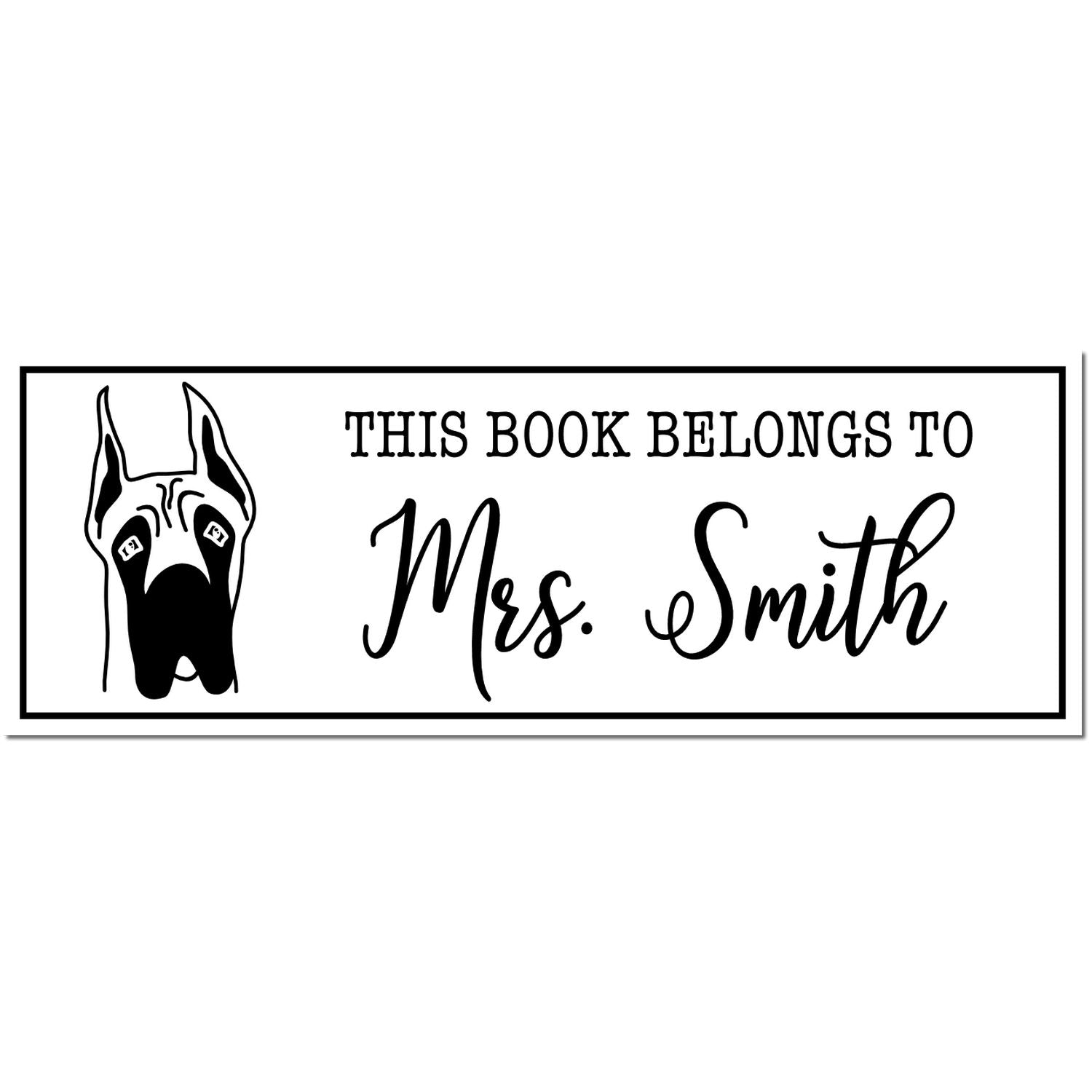 Black-and-white custom book stamp seal with Doberman head and This Book Belongs to Mrs. Smith in a bordered rectangle.