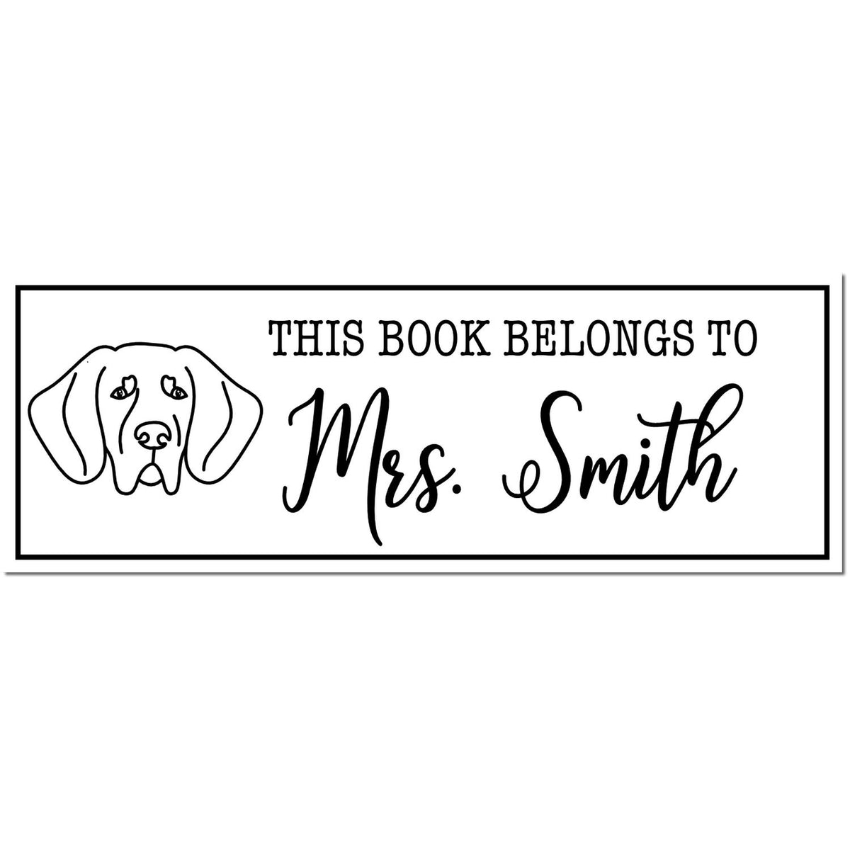 Black-and-white personalized book stamp with dog illustration and text: This book belongs to Mrs. Smith.
