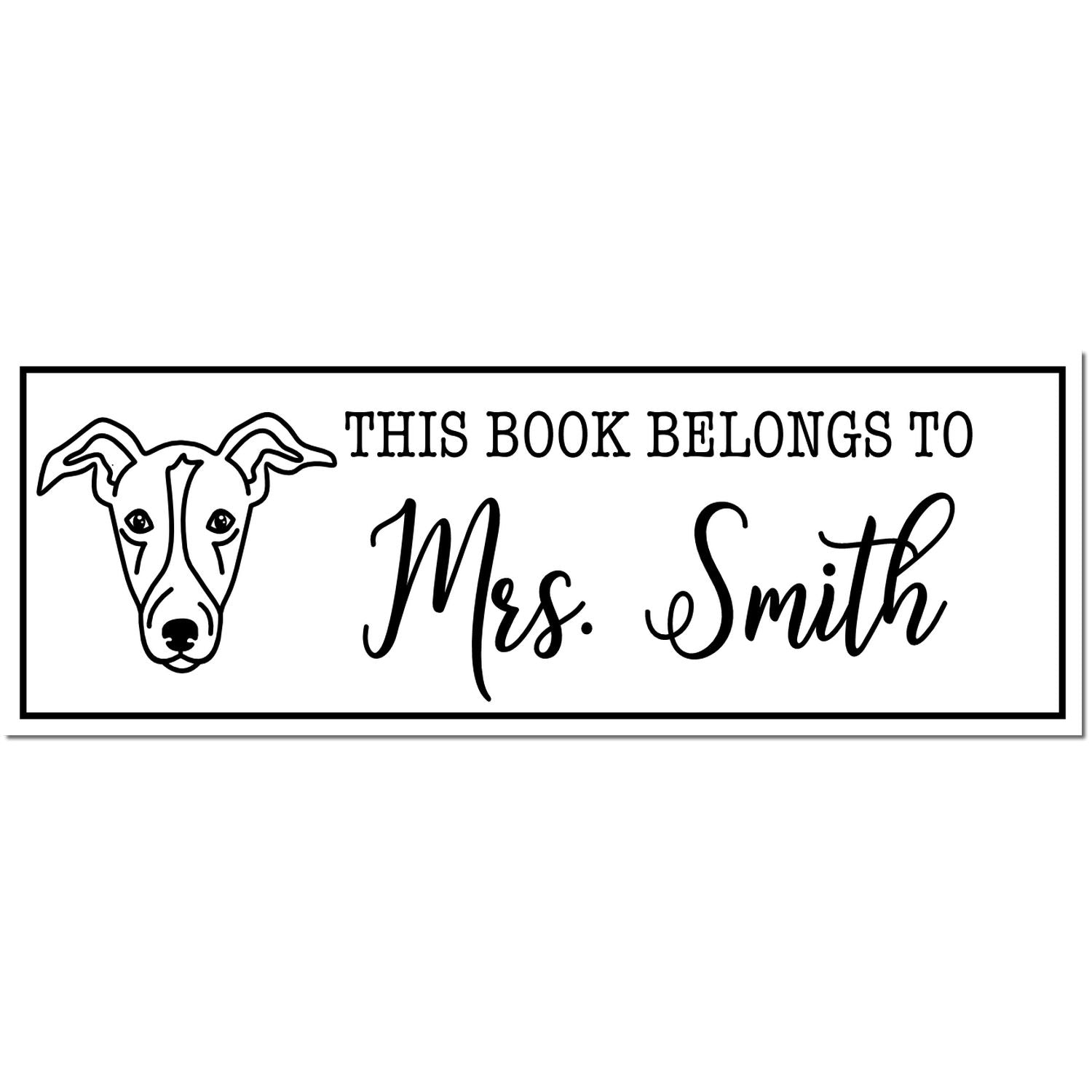 Greyhound dog stamp with wood handle from ESS, featuring a customized "belongs to" rubber stamp design for book labeling.
