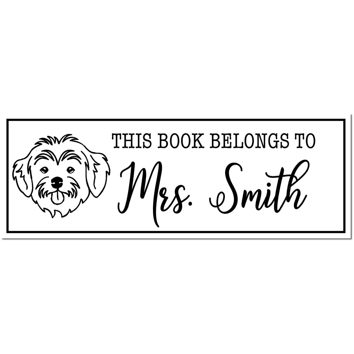 Black-and-white book stamp/seal with dog illustration and text: This Book Belongs to Mrs. Smith.