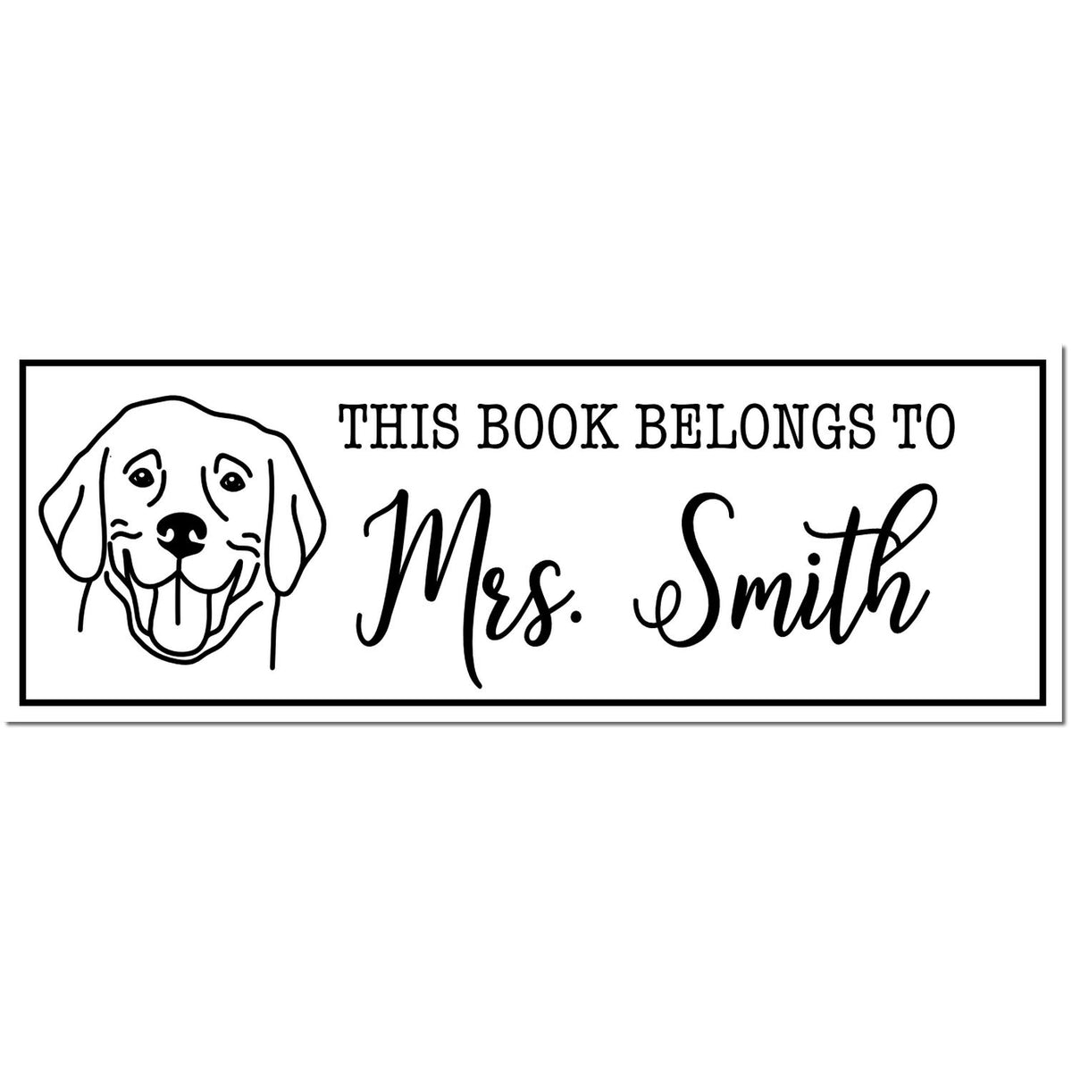 Black-and-white personalized book stamp seal with dog illustration and text, This book belongs to Mrs. Smith.