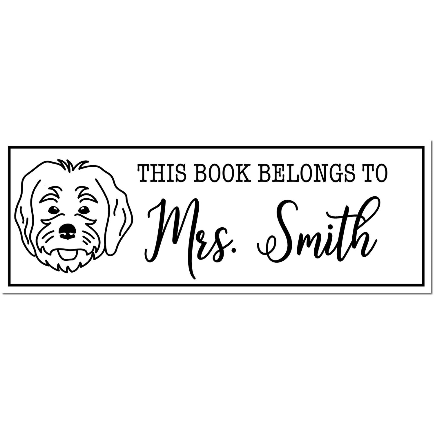Black-and-white book stamp with dog illustration and text This Book Belongs to Mrs. Smith.