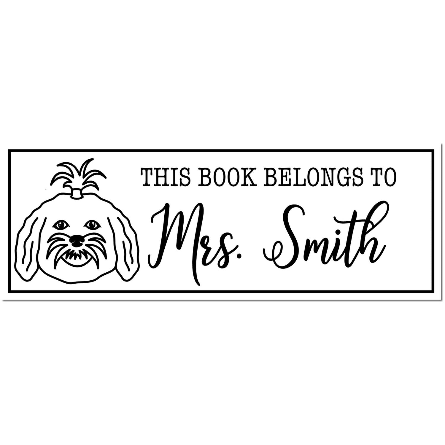 Black-and-white custom book stamp seal with dog illustration and text, This Book Belongs to Mrs. Smith.