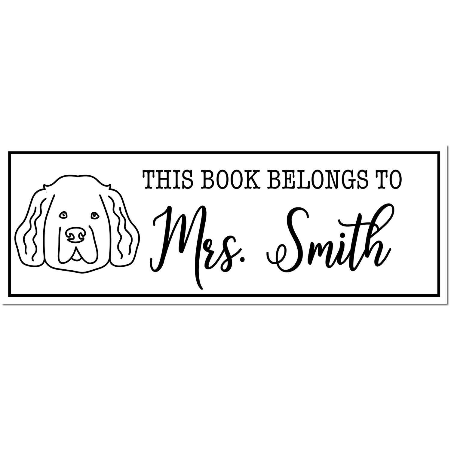 Black-and-white book stamp with a dog illustration and text: This Book Belongs to Mrs. Smith, in a bordered rectangle.