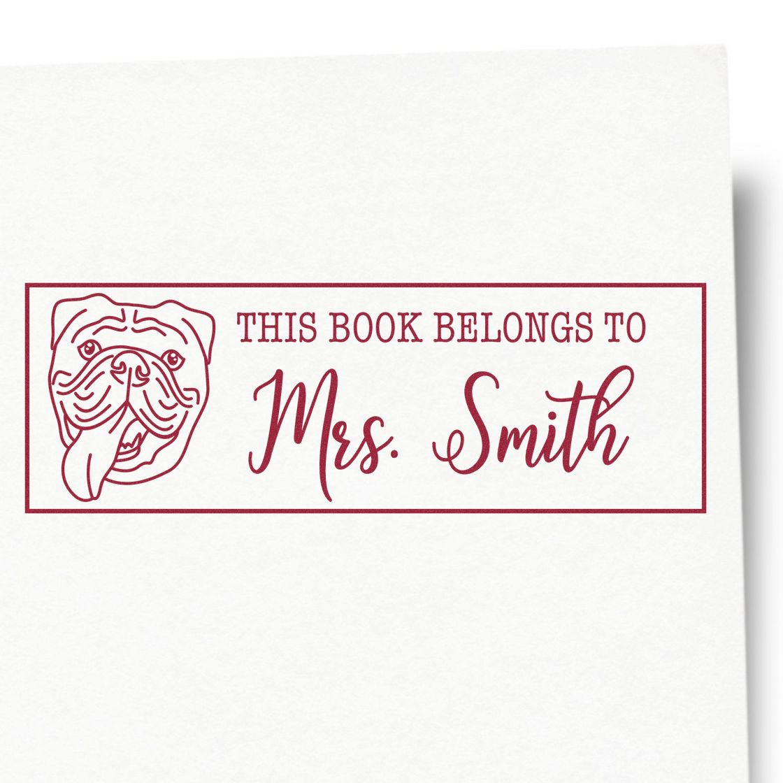 Red bulldog custom book stamp and seal with This Book Belongs to Mrs. Smith text on white background.