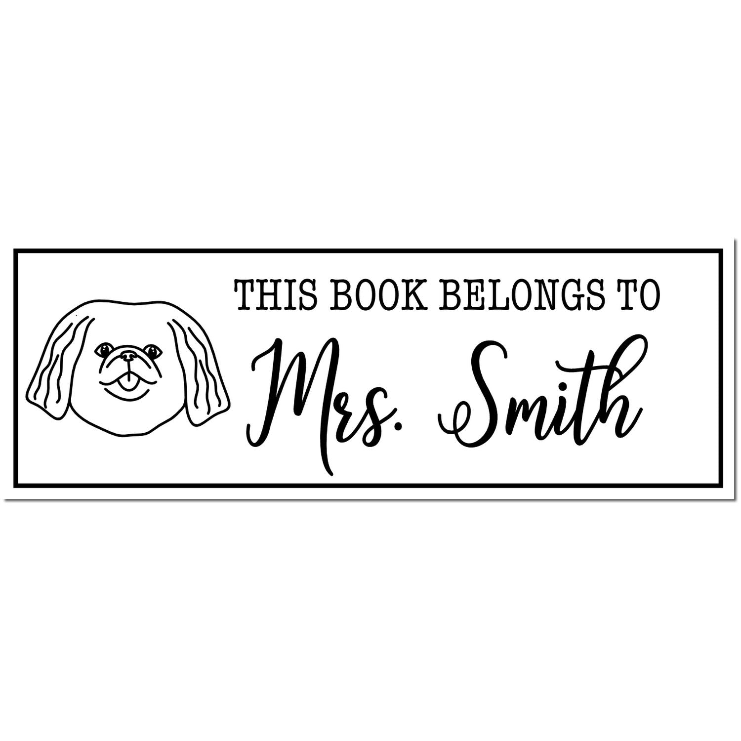 Black rubber dog stamp featuring a Pekingese with a wooden handle, custom-made bookplate stamp by ESS.