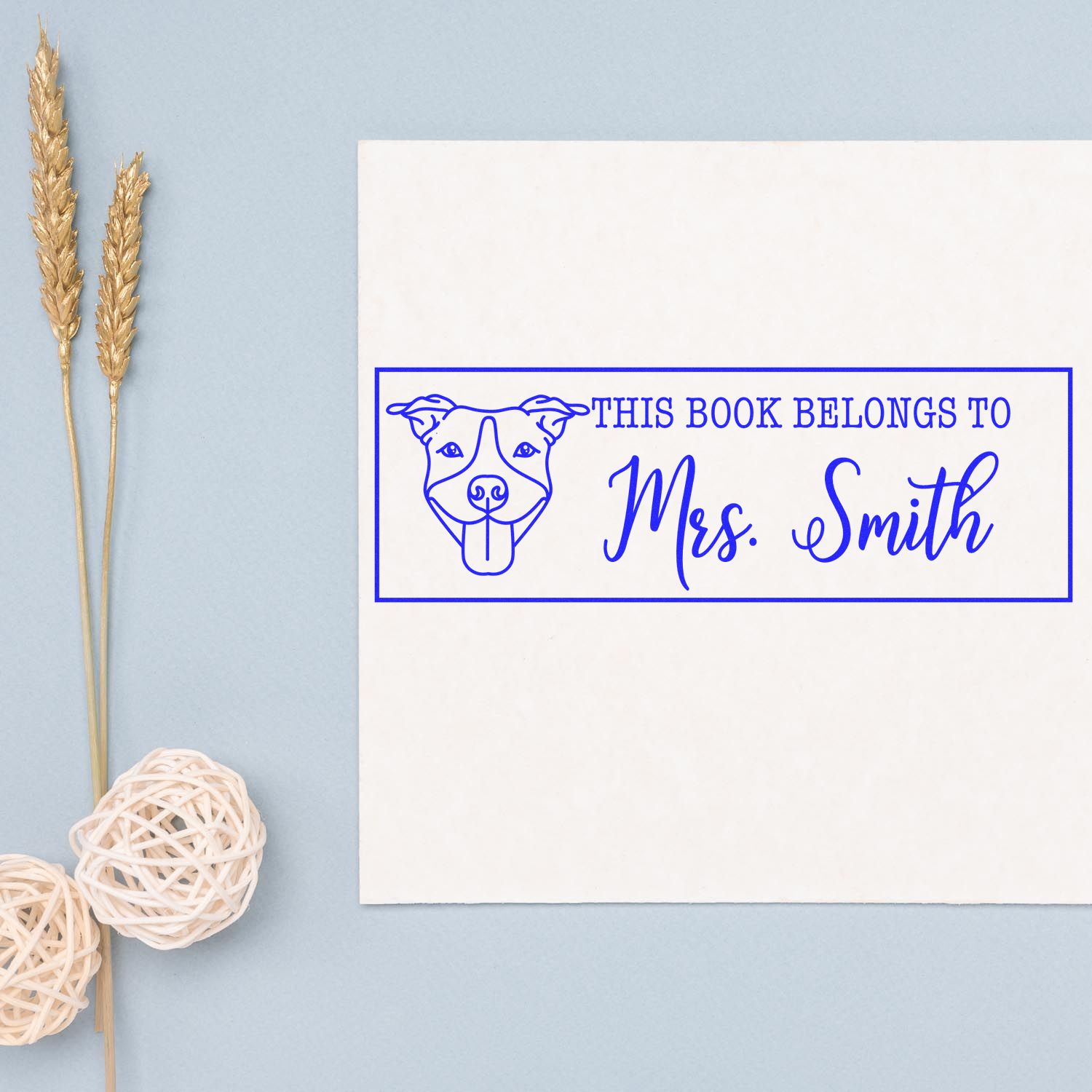 Blue custom book stamp with dog outline and This Book Belongs to Mrs. Smith on a white label.