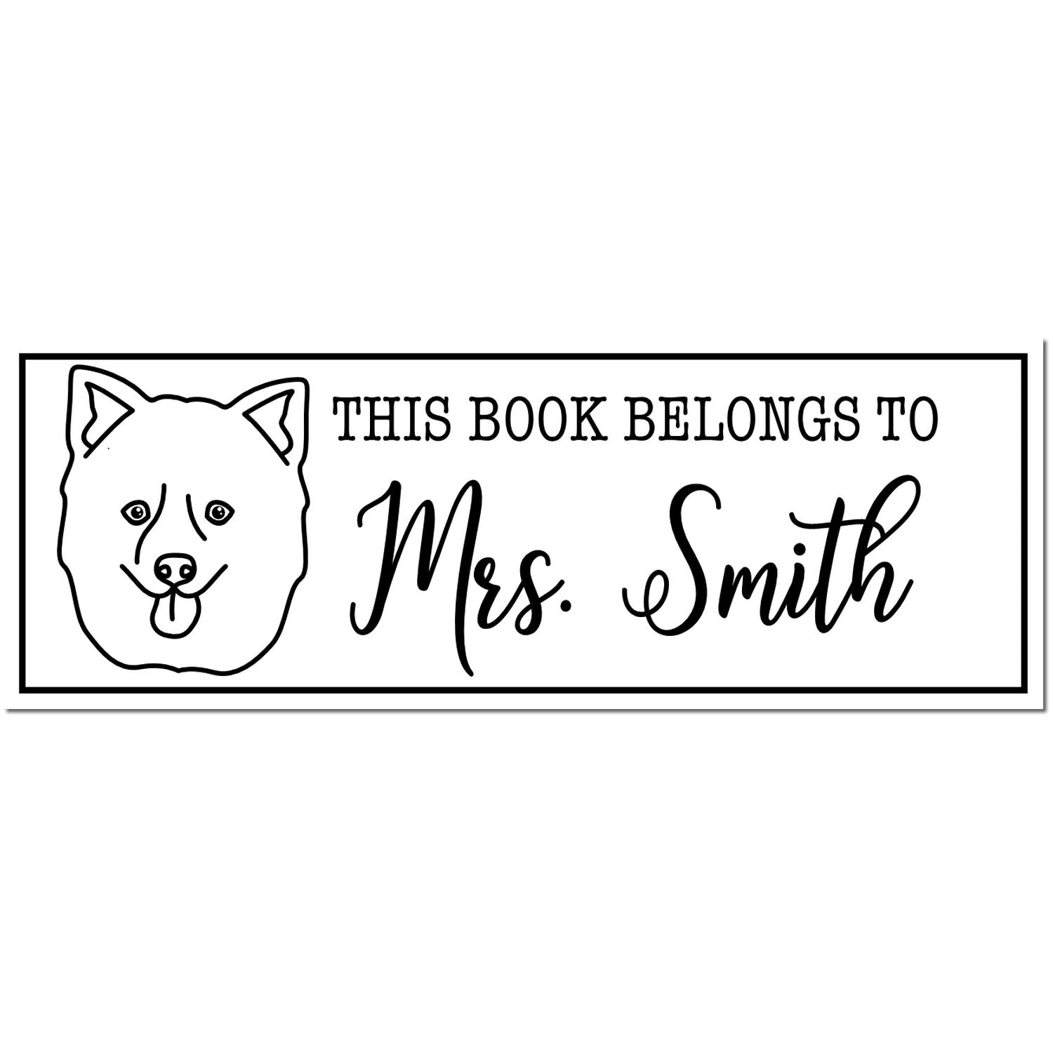 Black-and-white rectangular book stamp with dog face and text This Book Belongs to Mrs. Smith.