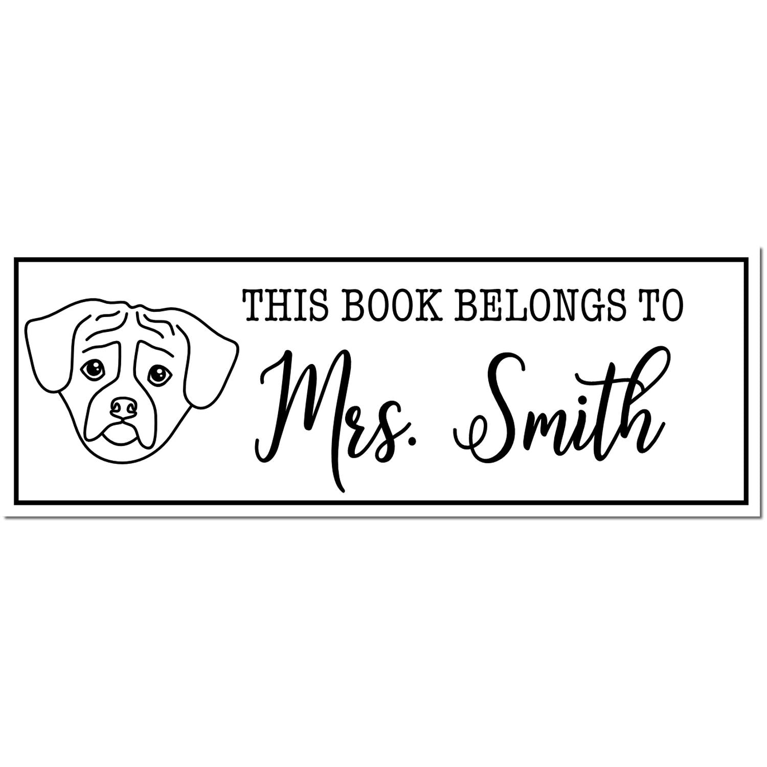 Black-and-white bookplate stamp with dog illustration and text, This Book Belongs to Mrs. Smith.