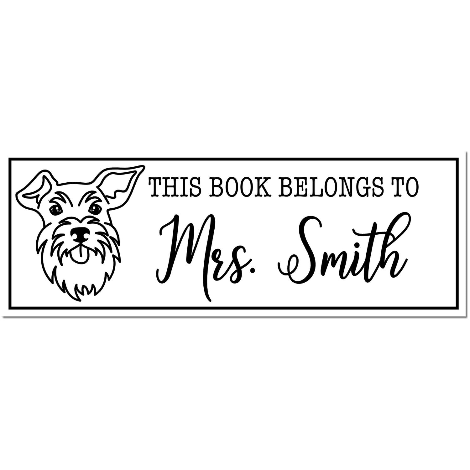 Black-and-white custom book stamp with dog illustration and text This Book Belongs to Mrs. Smith.