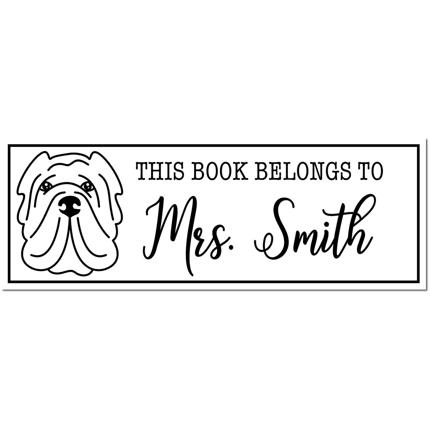 Black-and-white custom book stamp and seal with dog illustration and This book belongs to Mrs. Smith in a rectangular border.