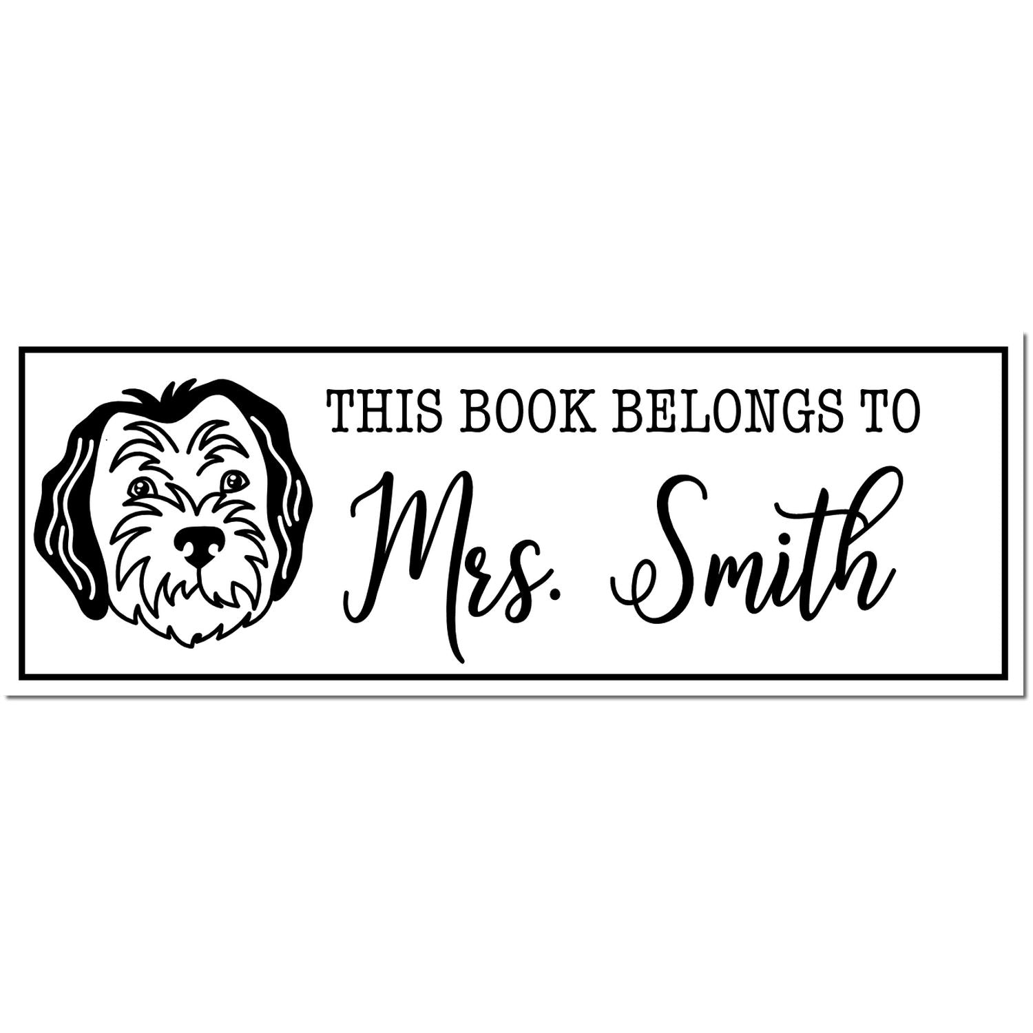 Black-and-white custom book stamp seal with dog illustration and This Book Belongs to Mrs. Smith text.
