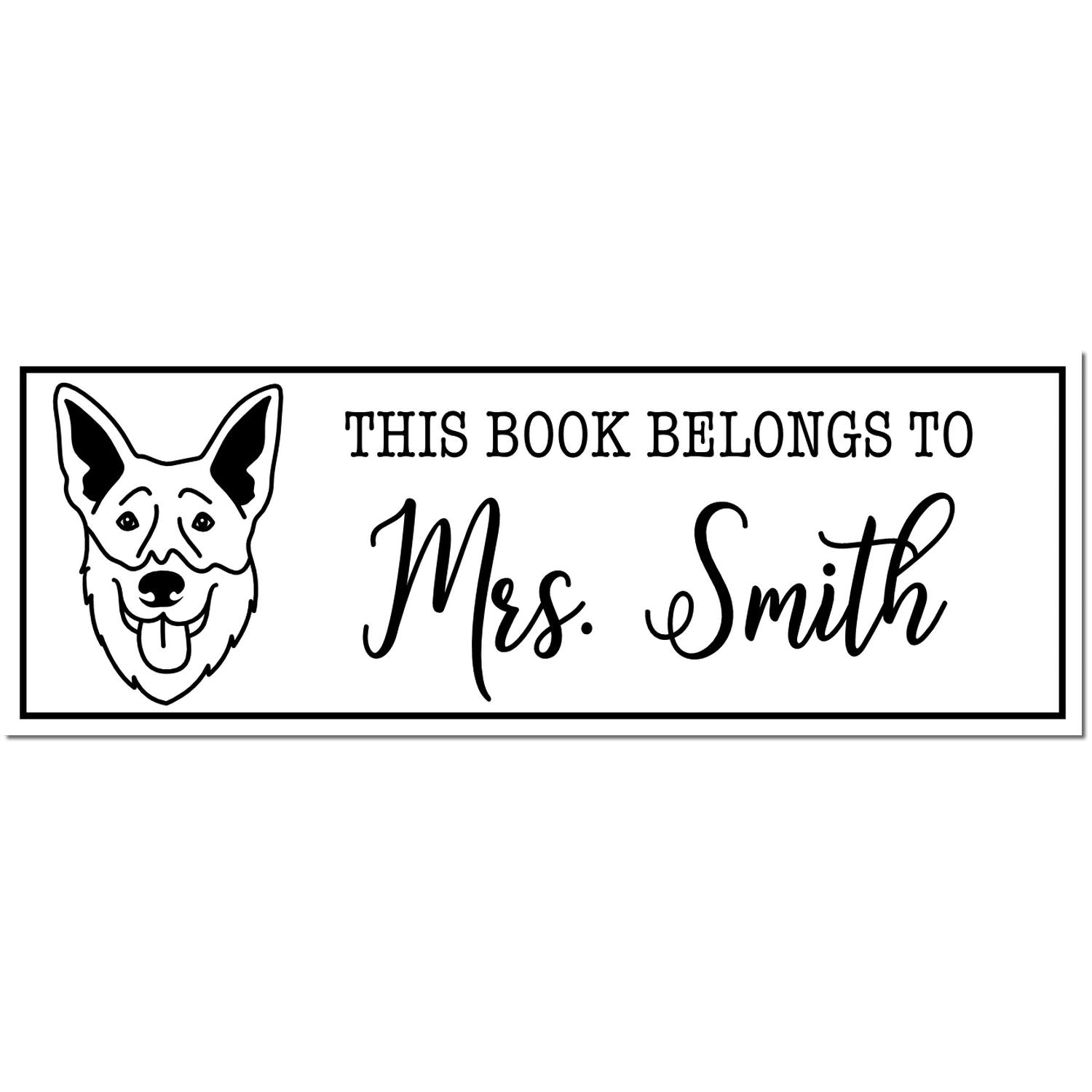 Black-and-white custom book stamp with dog face, reading This Book Belongs to Mrs. Smith in bold script.
