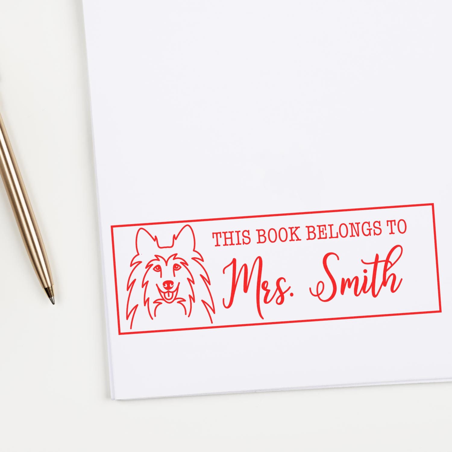 Wood Handle Shetland Sheepdog Custom Book Identification Rubber Stamp