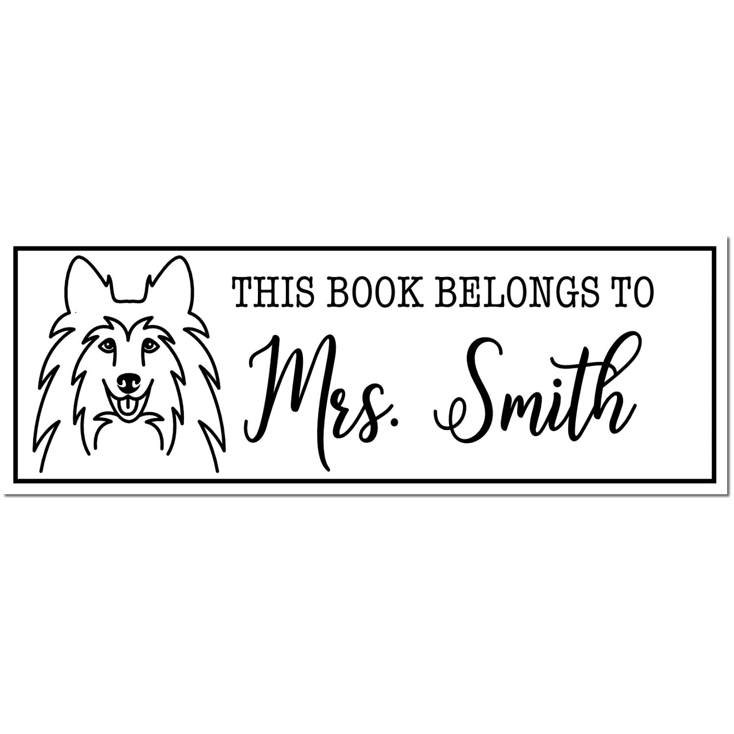 Black-and-white custom book ownership stamp with dog illustration and This Book Belongs to Mrs. Smith text.