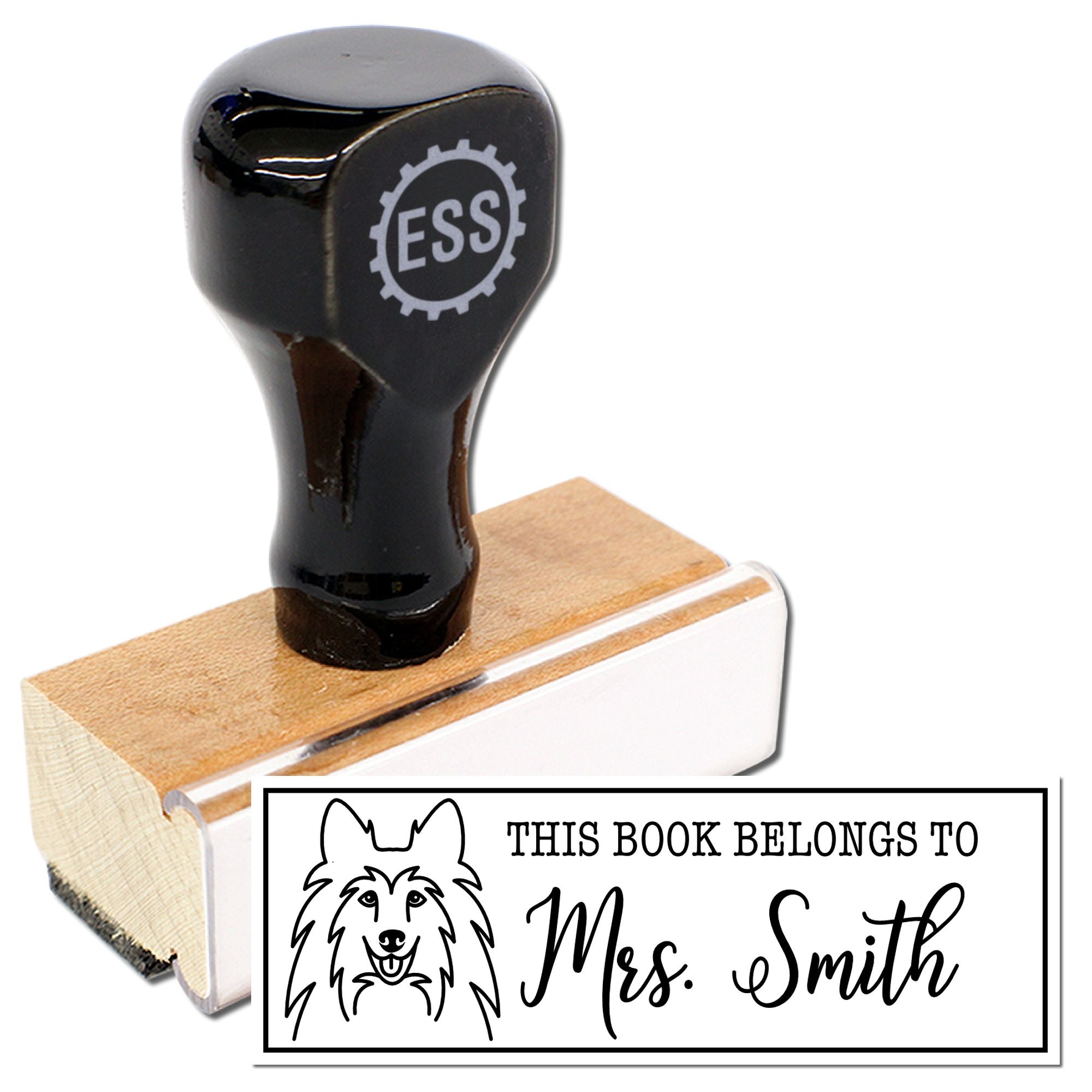 Wood Handle Shetland Sheepdog Custom Book Identification Rubber Stamp
