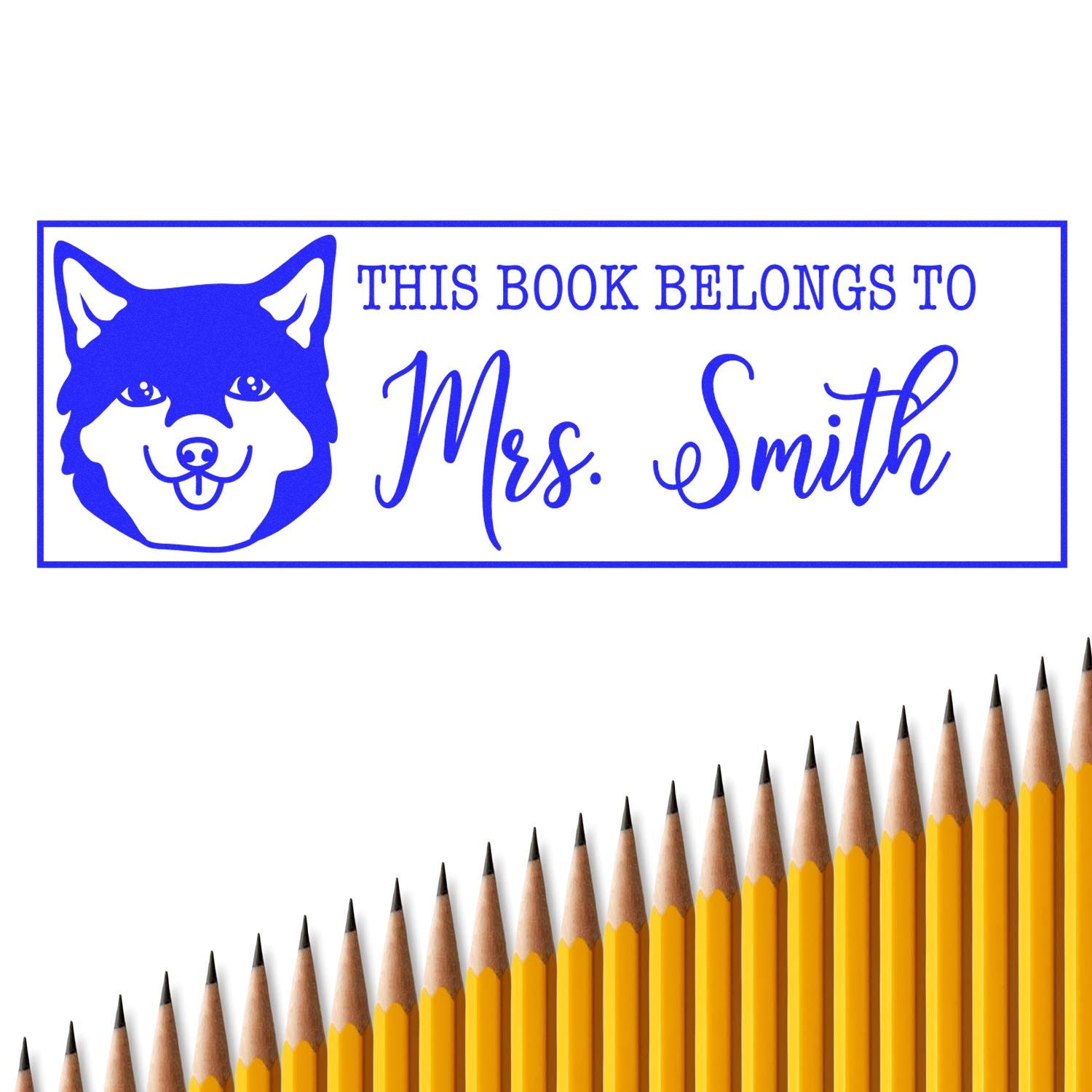 Blue custom book ownership stamp with husky seal, Mrs. Smith text, and yellow pencils on a white background.