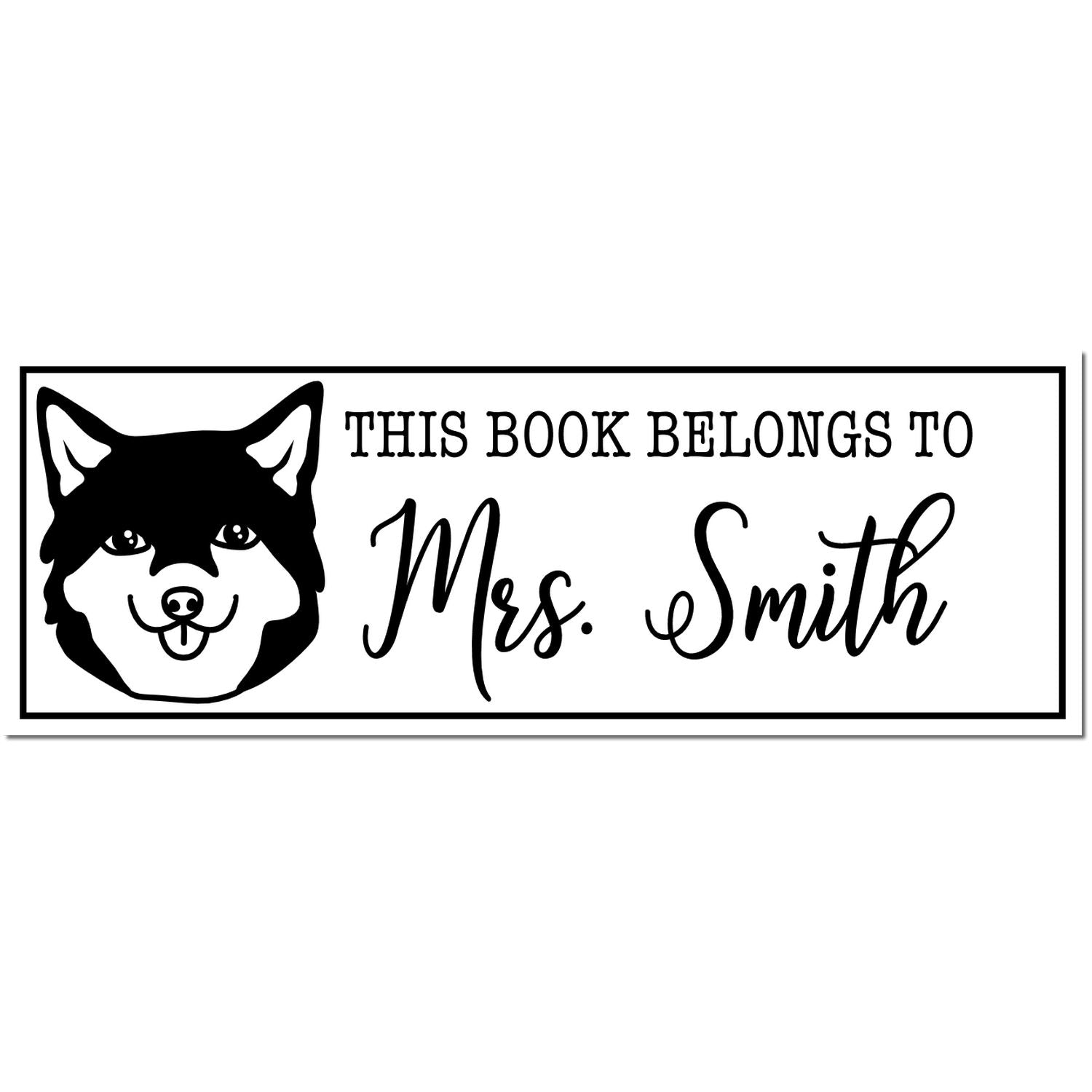 Black-and-white book ownership stamp with husky face and This book belongs to Mrs. Smith text.