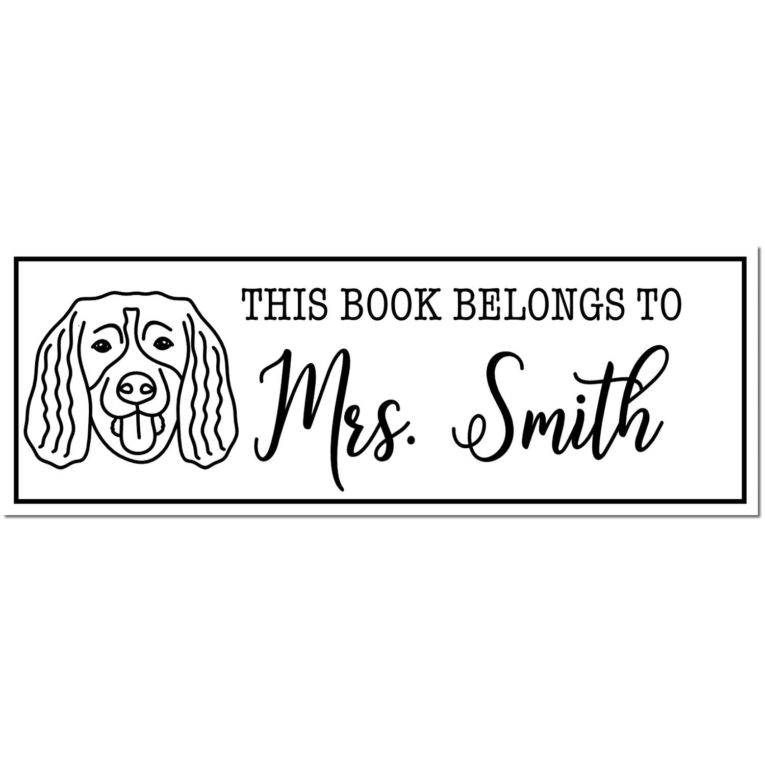 Black-and-white custom book stamp and seal with dog illustration and This book belongs to Mrs. Smith in a bordered rectangle.