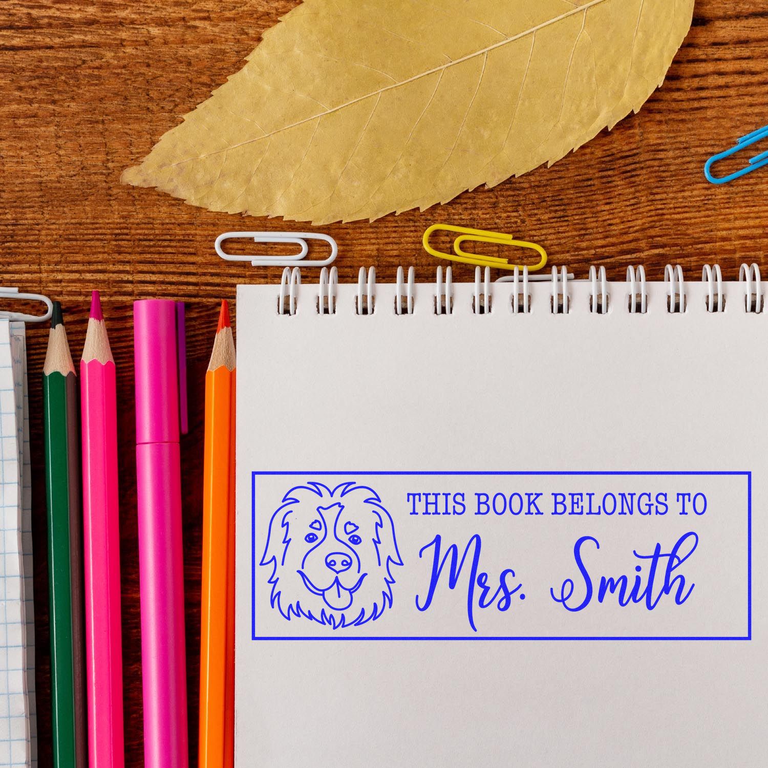 Blue custom book stamp seal on a white spiral notebook, with dog icon, colorful pencils, paper clips, and a dried leaf.