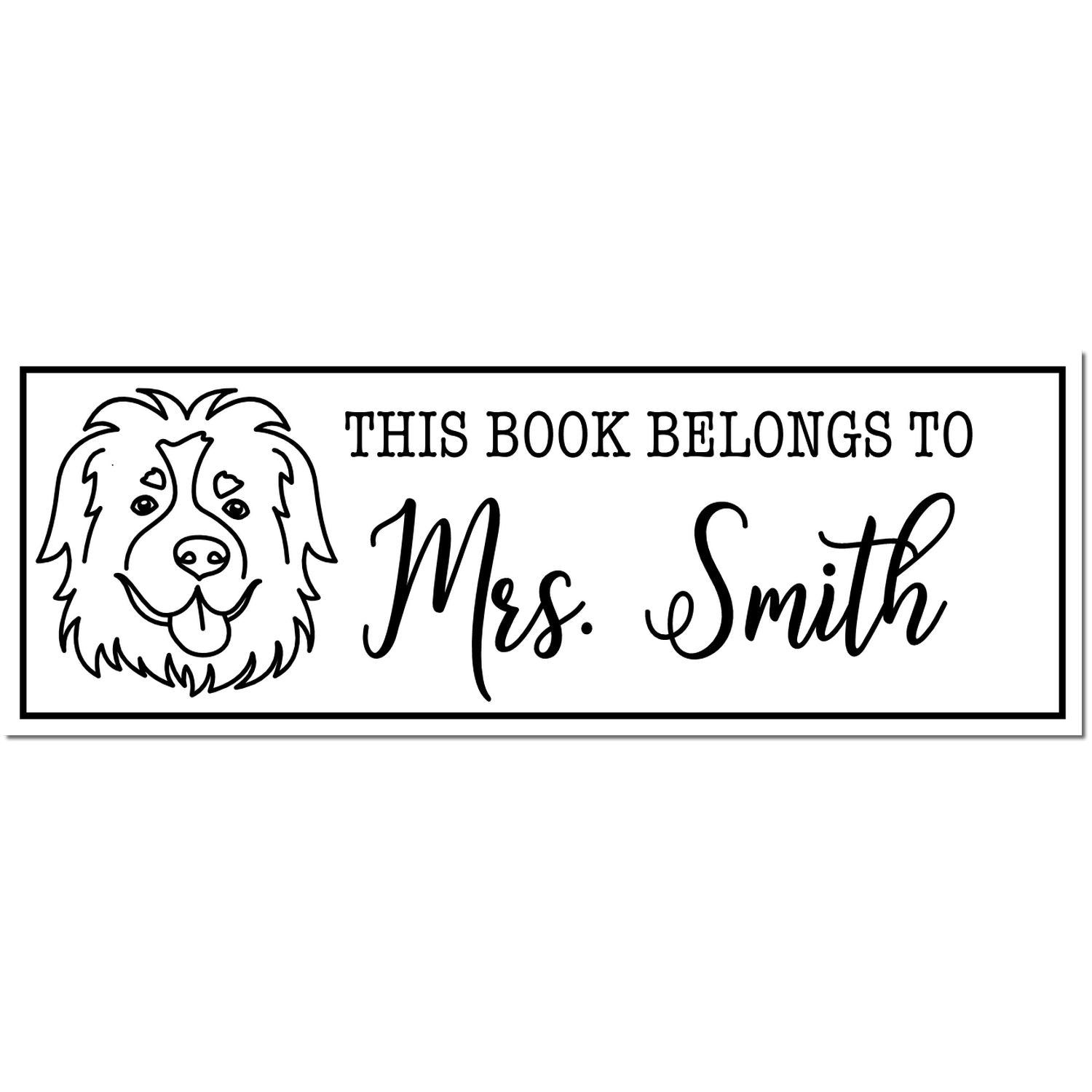 Black custom book stamp with dog illustration and This Book Belongs to Mrs. Smith in a bordered rectangle.