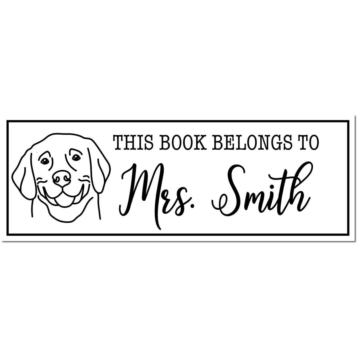 Black-and-white custom book stamp with dog outline, reading "This book belongs to Mrs. Smith" inside a rectangular border.
