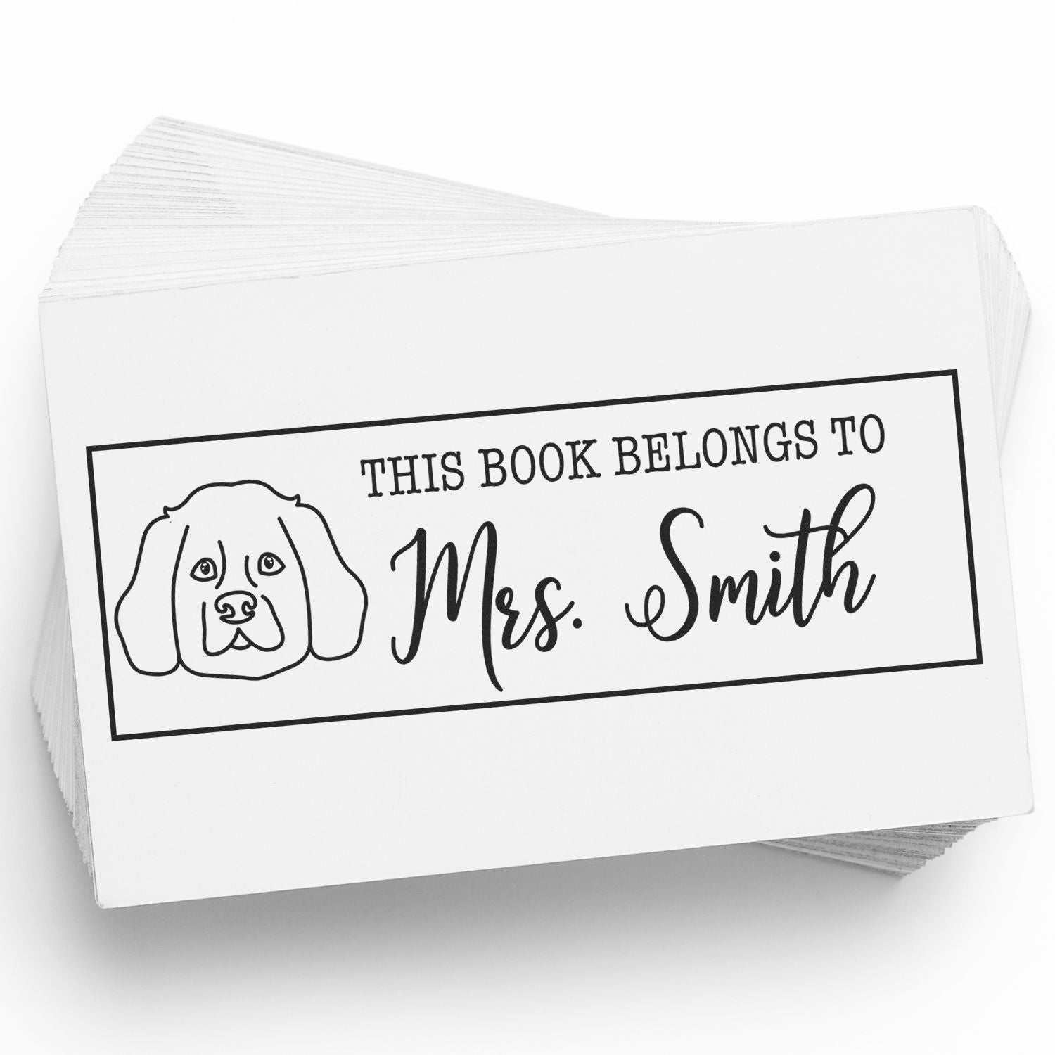 White personalized book stamp/seal cards with black dog outline and This Book Belongs to Mrs. Smith text.