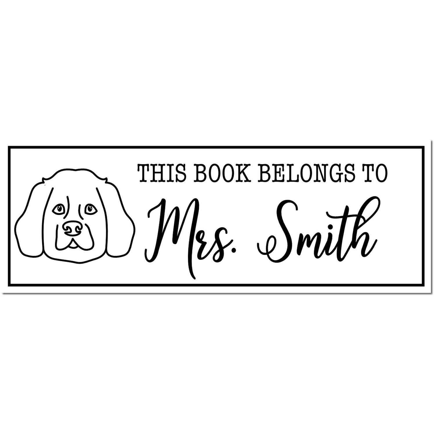 Black-and-white personalized book stamp with dog illustration and This Book Belongs to Mrs. Smith inside a rectangular seal.