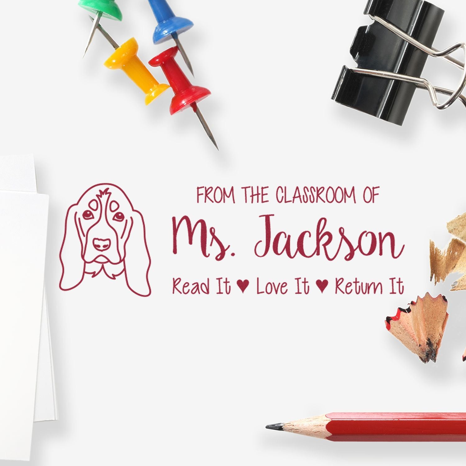 Self-Inking Custom Made Book Identification Stamp with Basset Hound Image - Engineer Seal Stamps