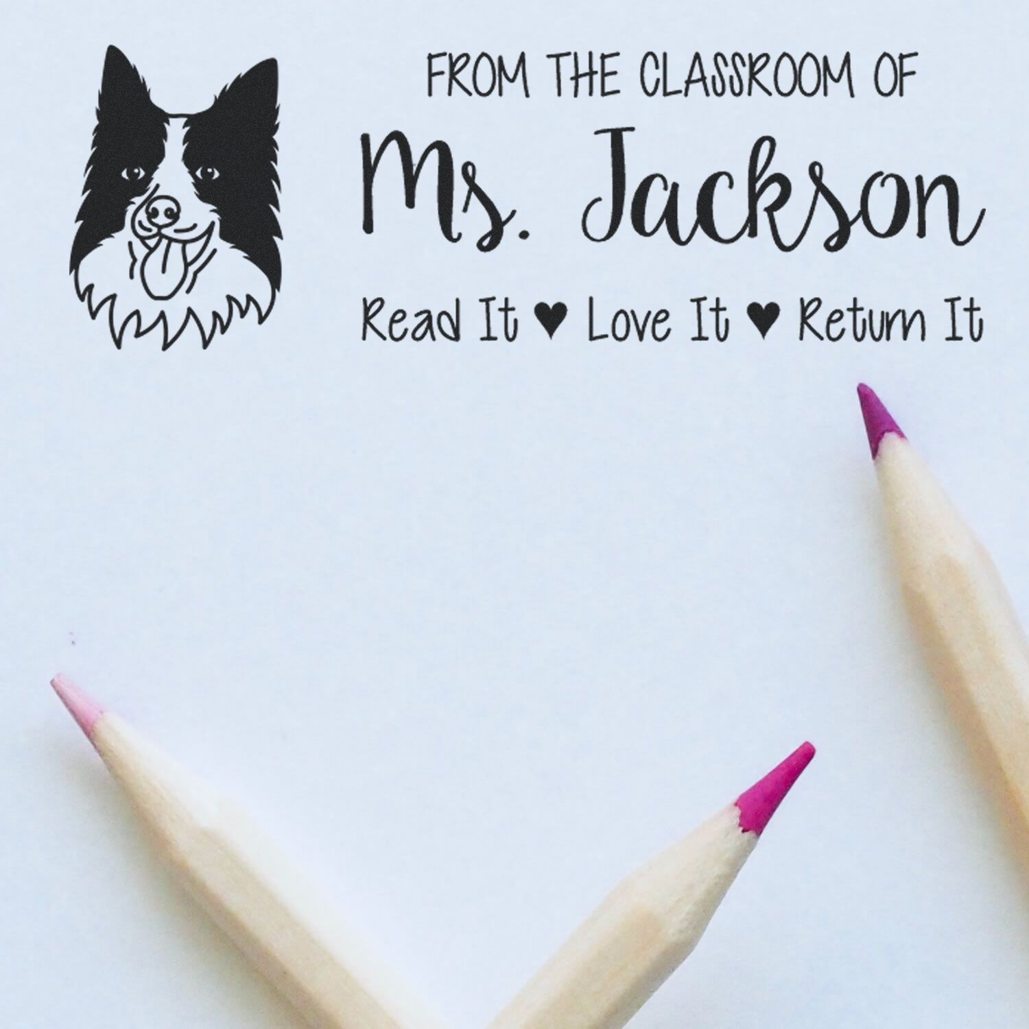 Self-Inking Custom Made Teacher Library Stamp with Border Collie Image - Engineer Seal Stamps