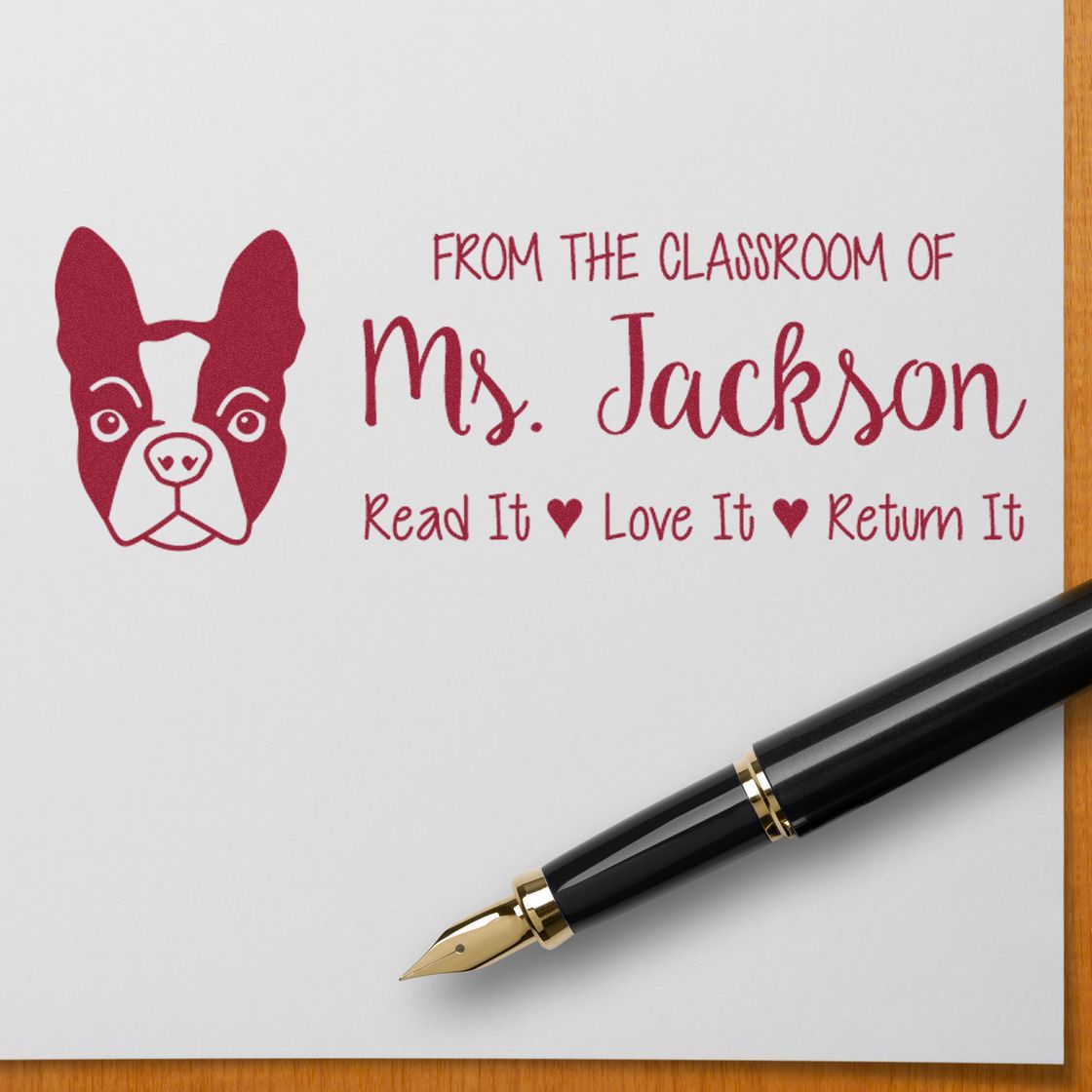 Self-Inking Custom Made Teacher Library Book Stamp with Boston Terrier Image - Engineer Seal Stamps