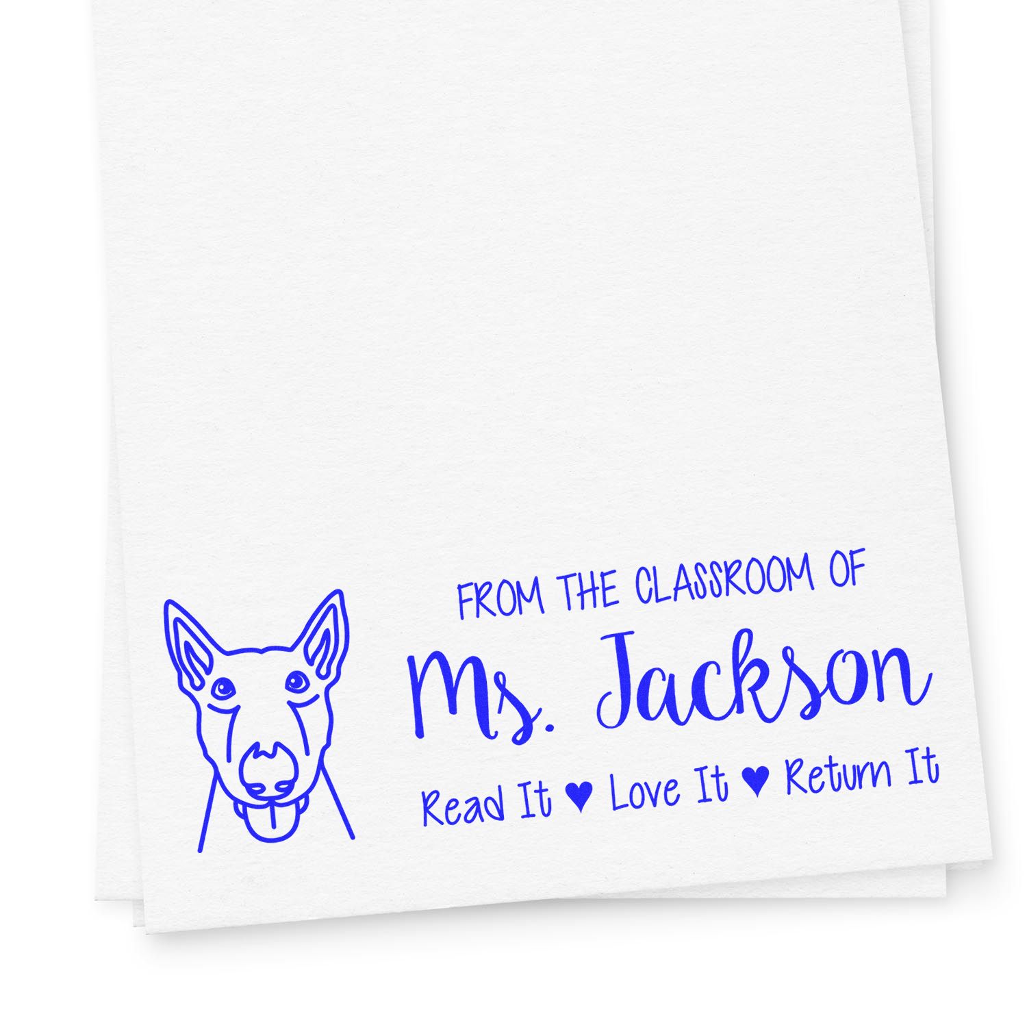 Blue custom classroom stamp seal with dog icon and Ms. Jackson text: Read It, Love It, Return It.