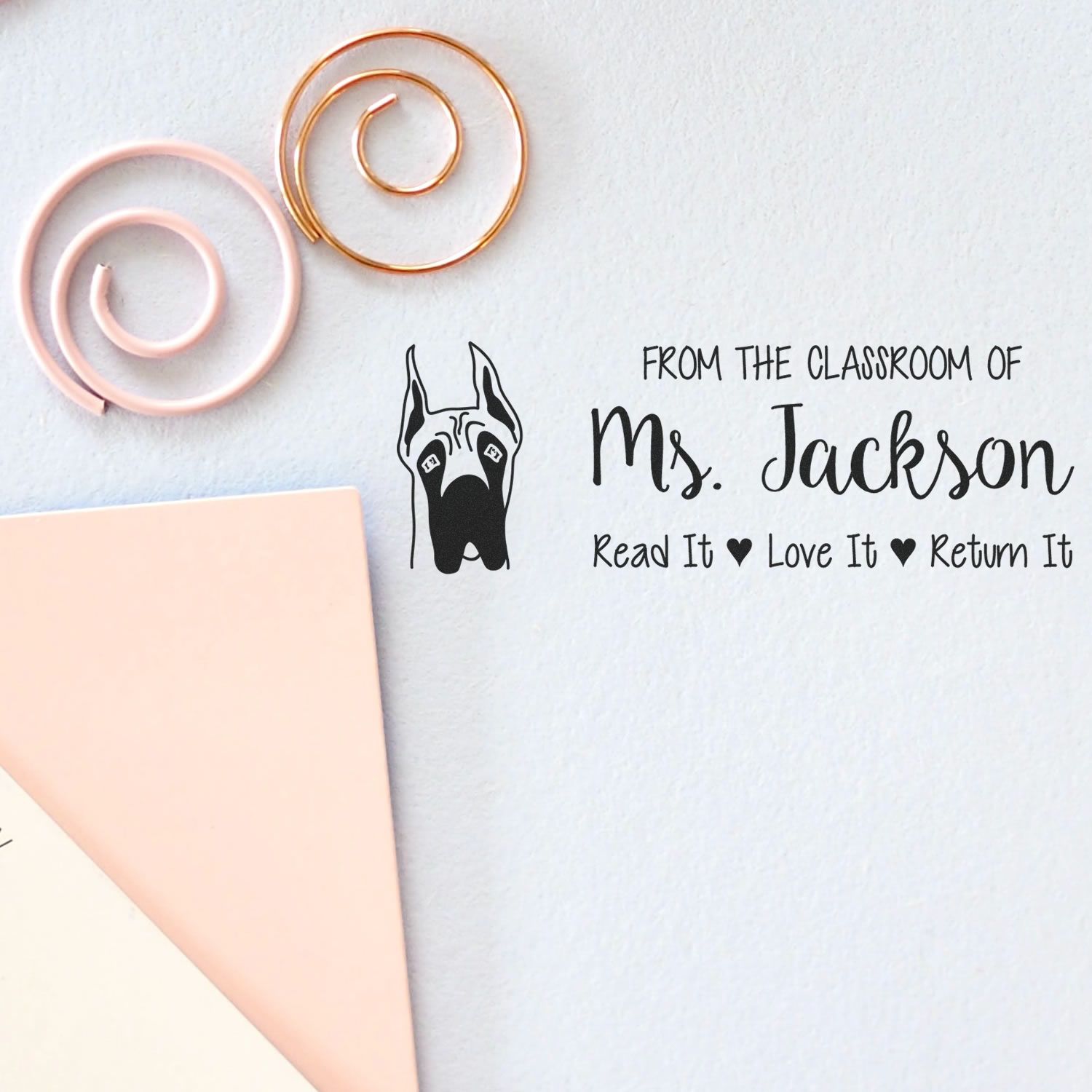 Wood Handle Great Dane Ears Up Personalized Personal Book Stamp - Engineer Seal Stamps