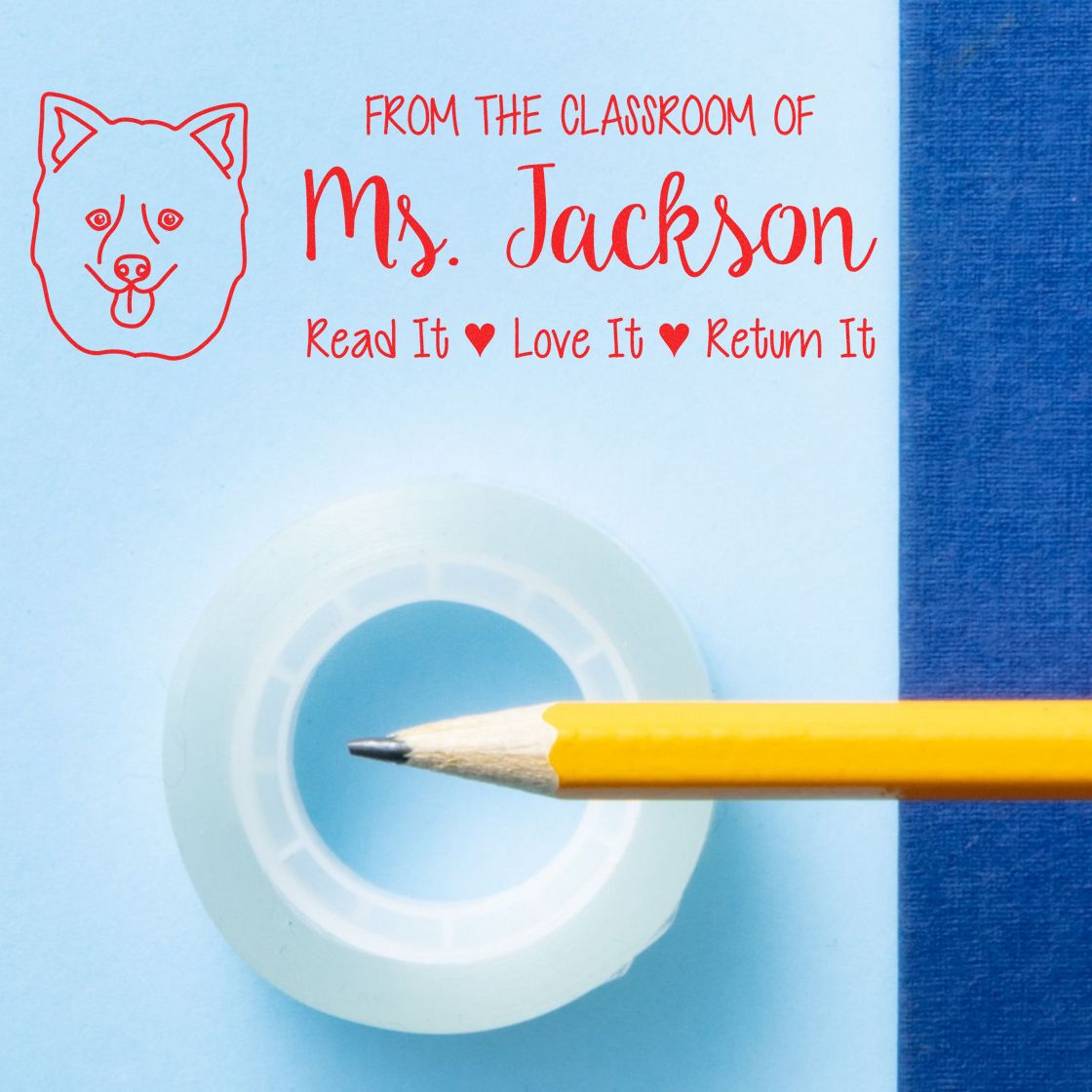 Self-Inking Personalized Teacher Book Stamp with Pomsky Image - Engineer Seal Stamps