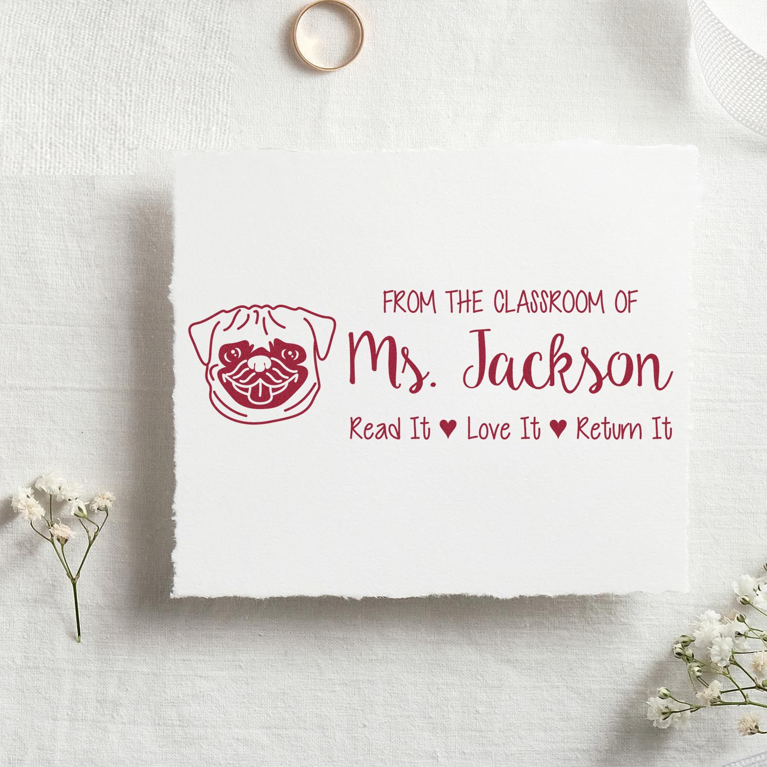 Pre-Inked Pug Outline Personalized Book Stamp - Engineer Seal Stamps