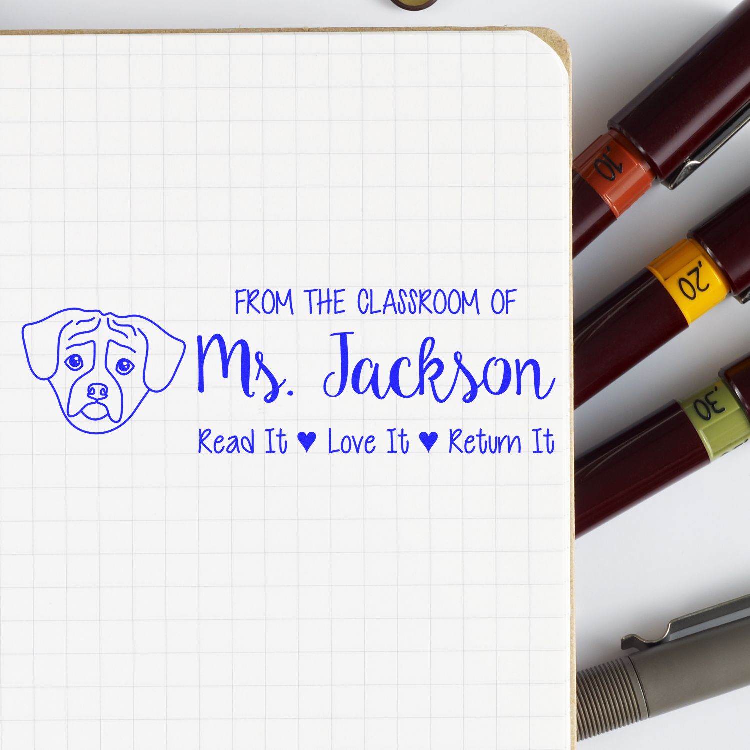 Self-Inking Personalized Read It Love It Return It Stamp with Puggle Image - Engineer Seal Stamps