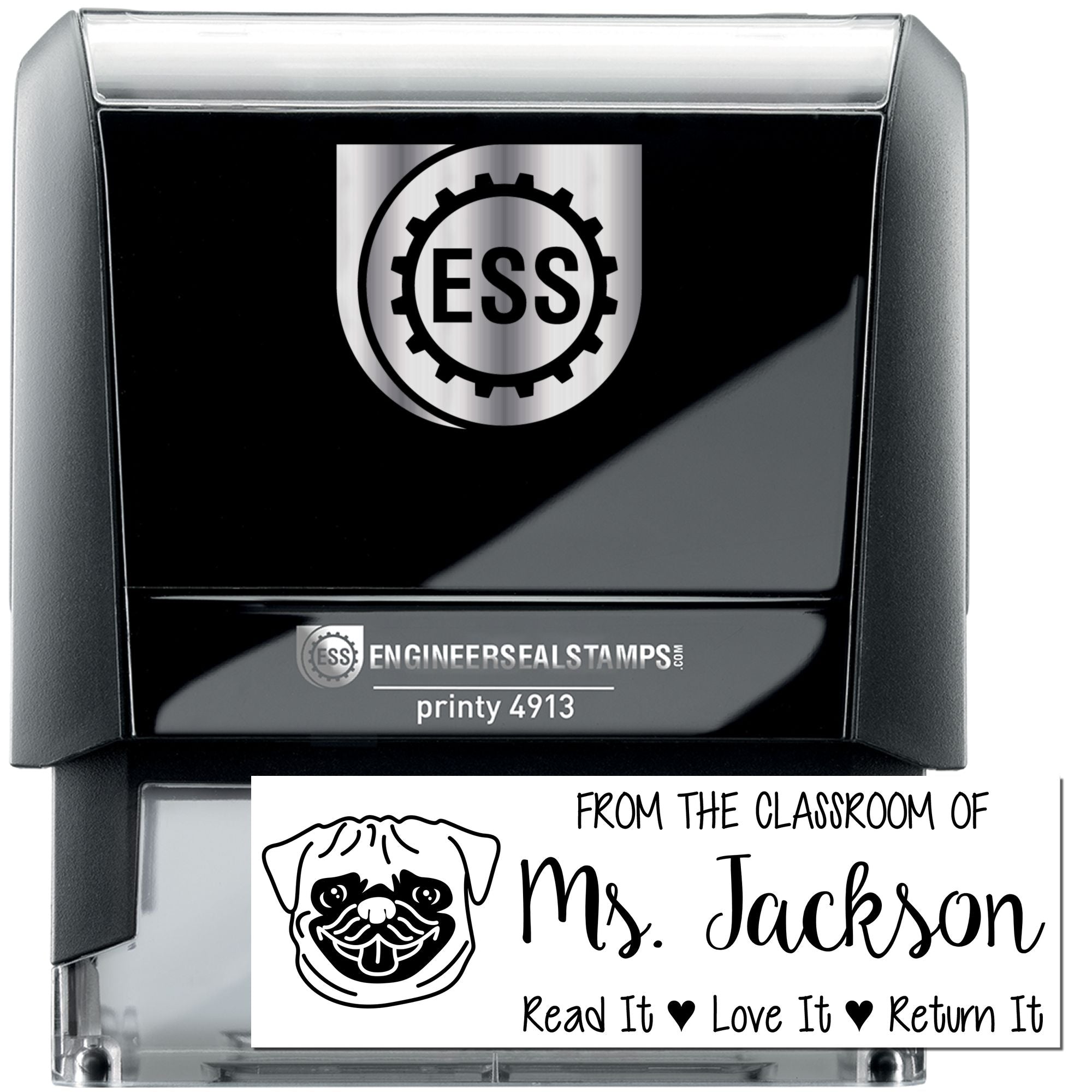 Self-Inking Personalized Classroom Ownership Stamp with Pug Image - Engineer Seal Stamps