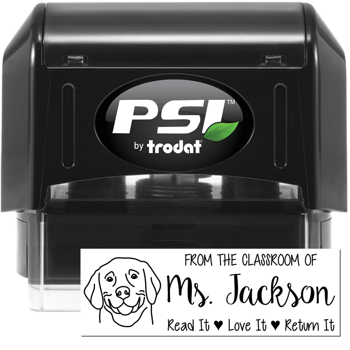 Black PSI by Trodat self-inking stamp and custom classroom seal with dog icon and Ms. Jackson return address.