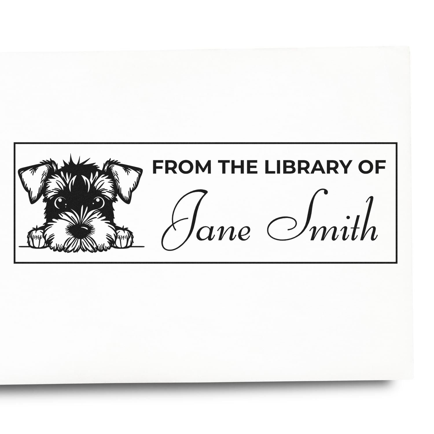 Black custom library stamp with puppy illustration, framed border, and From the Library of Jane Smith text on white.
