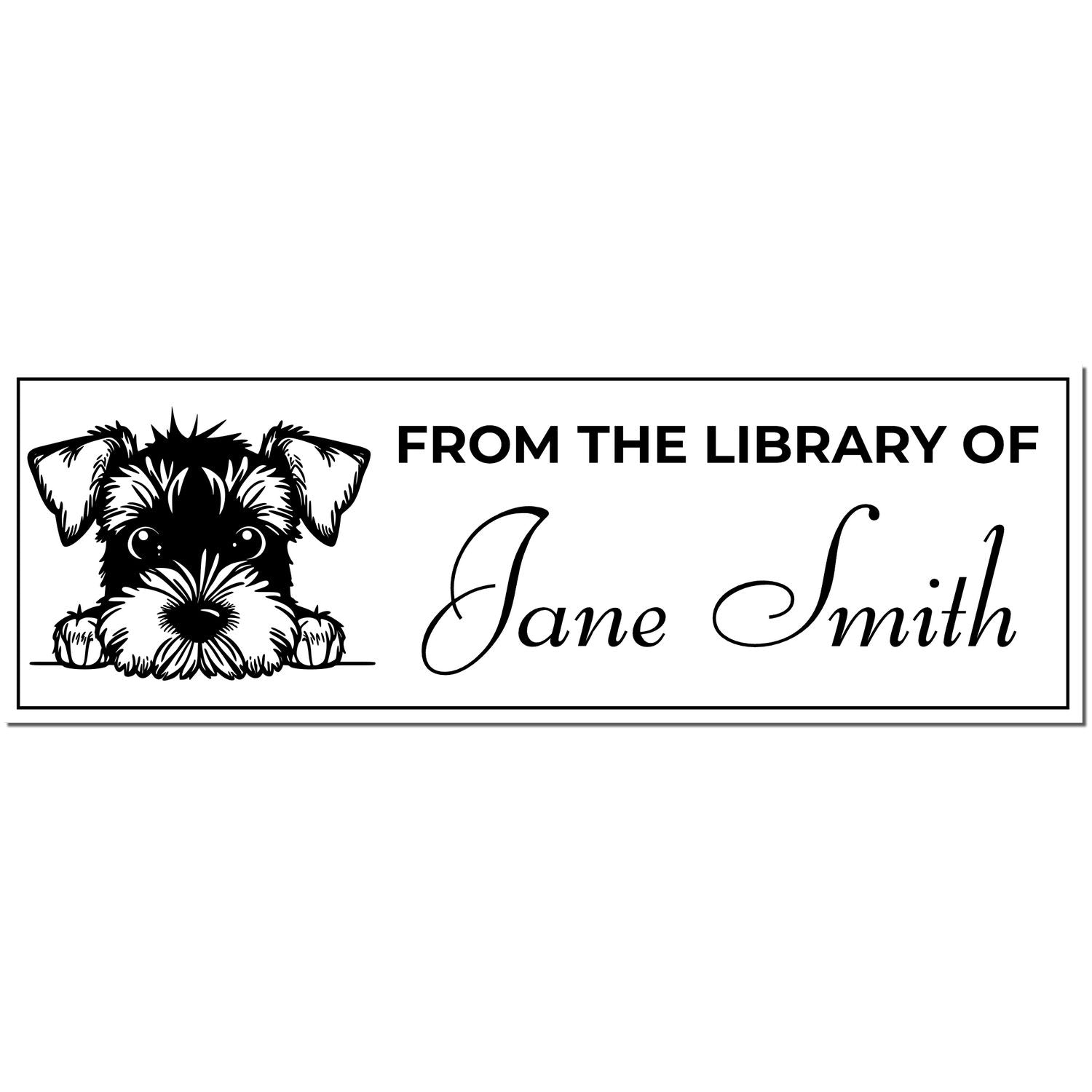 Black personalized library book stamp seal with a dog illustration and From the Library of Jane Smith text