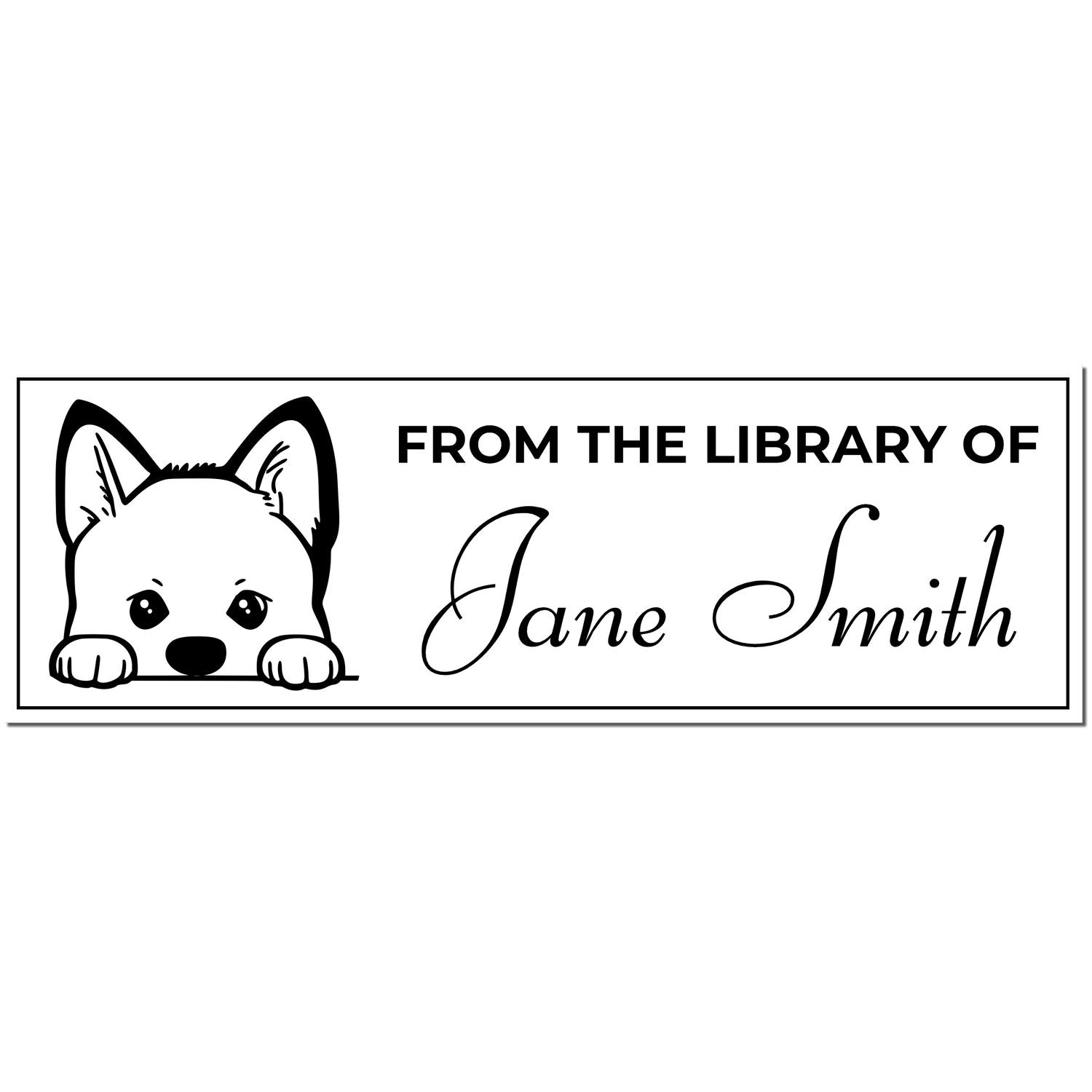 Black-and-white custom library stamp seal with peeking dog icon and From the Library of Jane Smith text.
