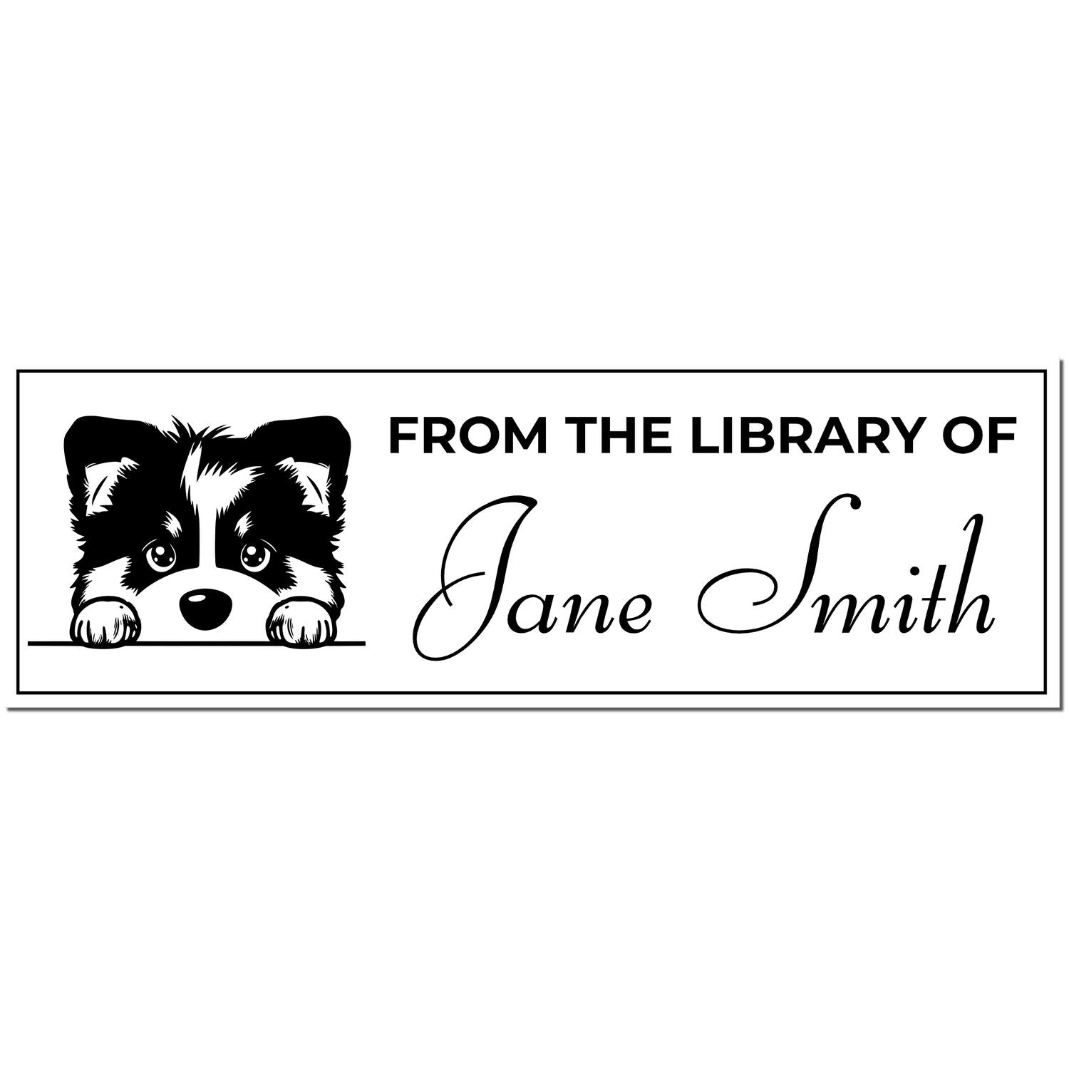 Black and white personalized library stamp with raccoon, From the Library of text, and Jane Smith.